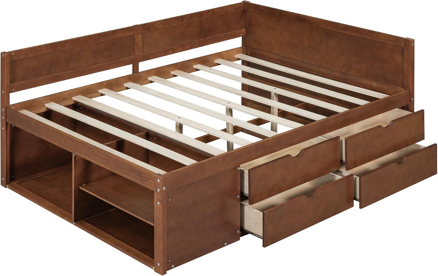 Harper & Bright Designs Wood Corner Daybed with Storage Shelves and 4 Drawers,Full Size Floor Storage Platform Bed Frame with L Shape Heaboard for Bedroom Nook,No Box Spring Needed,Walnut