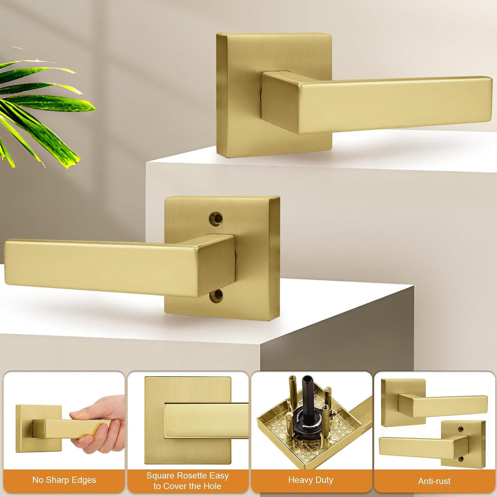 Probrico Interior Non-Locking Passage Door Handles 8 Pack, Gold Square Door Levers for Closet Hallway