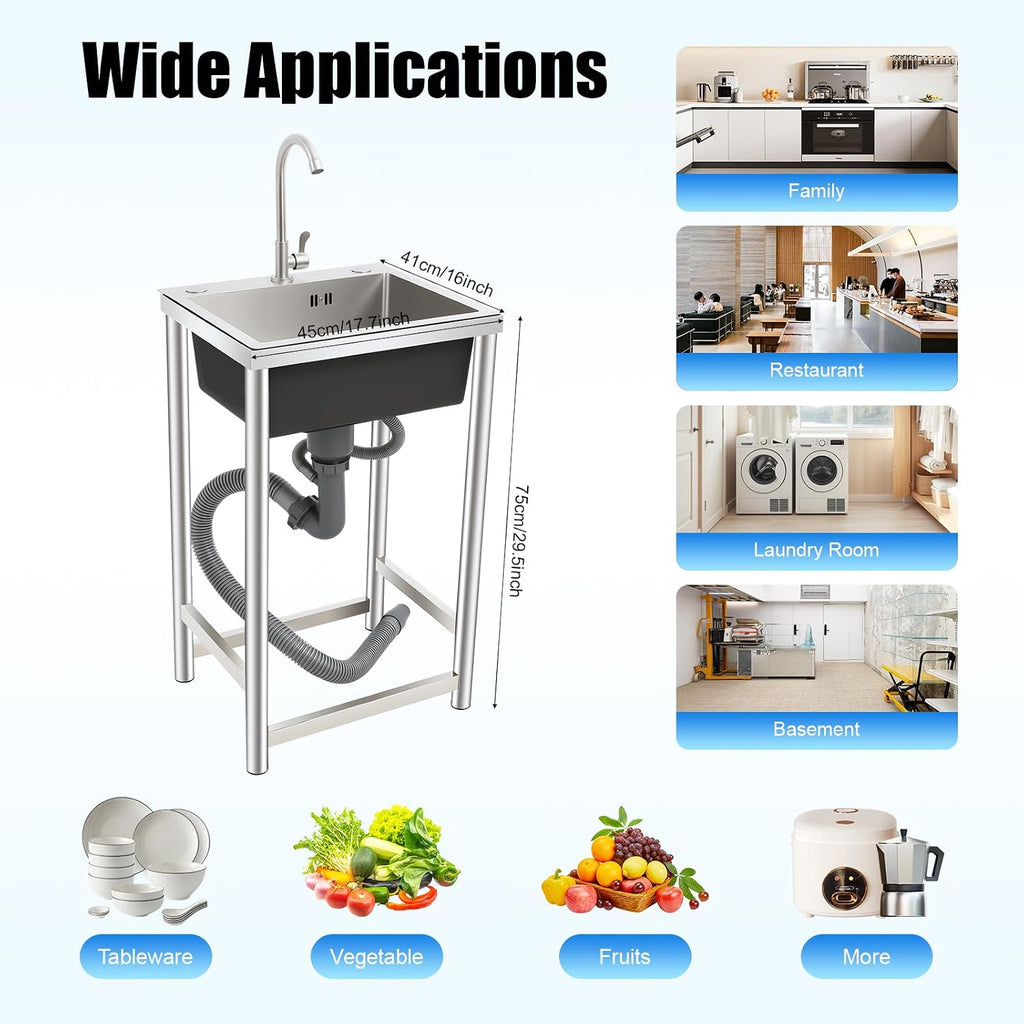 Utility Sinks Commercial Stainless Steel Sink Freestanding Triple Bowl Kitchen with 2 Cold and Hot Water Faucets Hoses Drain Kit Indoor Outdoor for Kitchens Garage Laundry Room