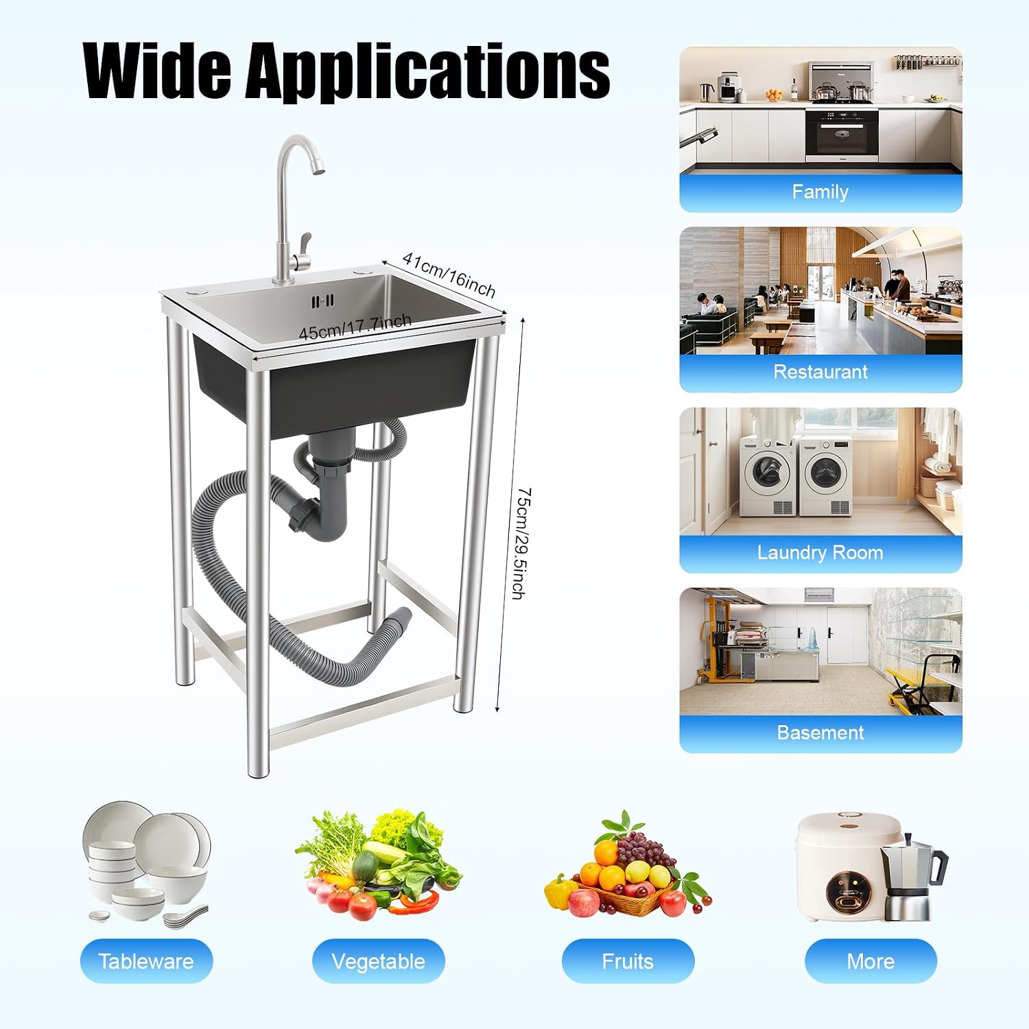 Utility Sinks Commercial Stainless Steel Sink Freestanding Triple Bowl Kitchen with 2 Cold and Hot Water Faucets Hoses Drain Kit Indoor Outdoor for Kitchens Garage Laundry Room