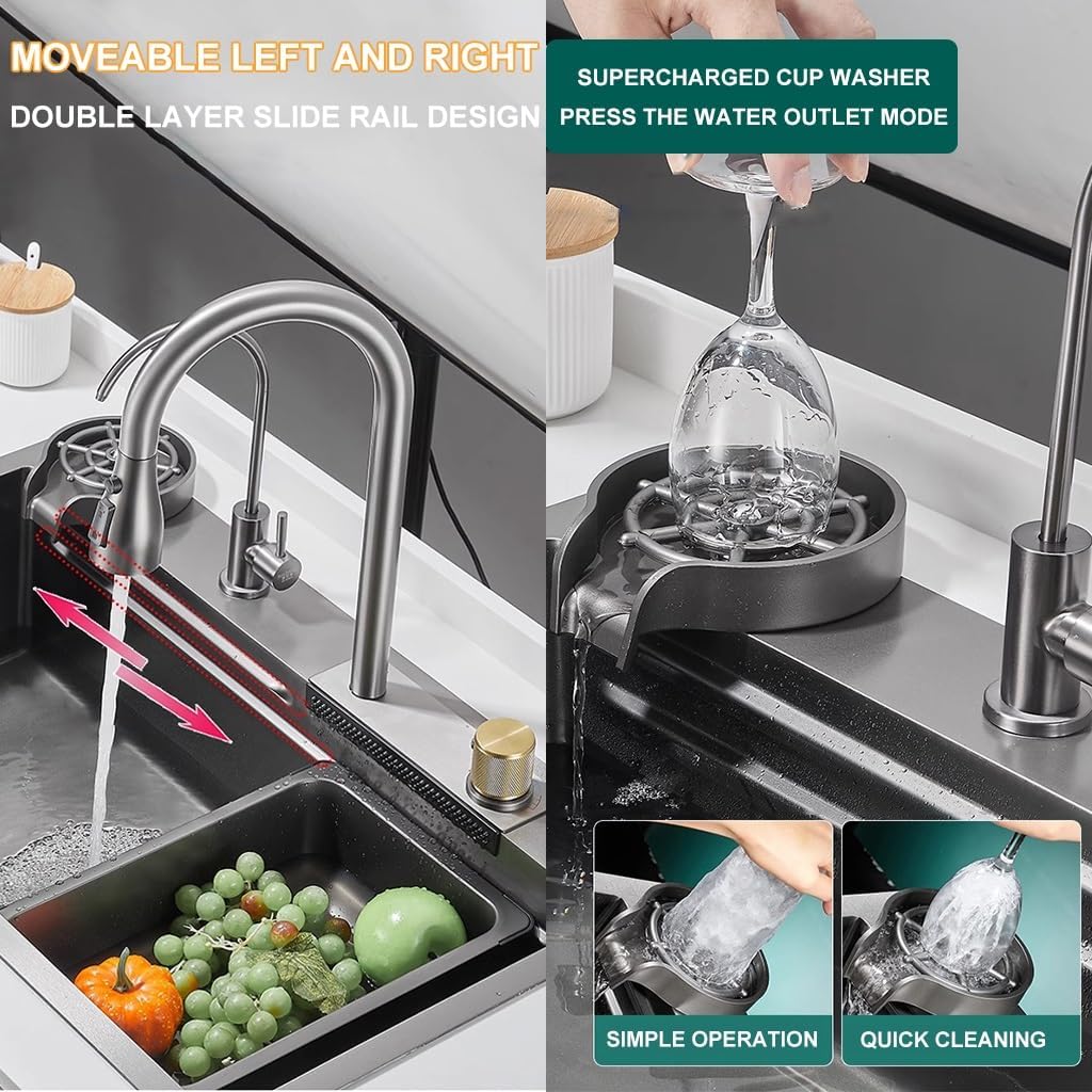 Stainless Steel Waterfall Sink Multifunctional Single Bowl Kitchen Sink -Coated Workstation Sink with Pull-Out Faucet,Knob,Drain Basket,Cup Washer (Color : Black-Grey, Size : 68x45x22cm)