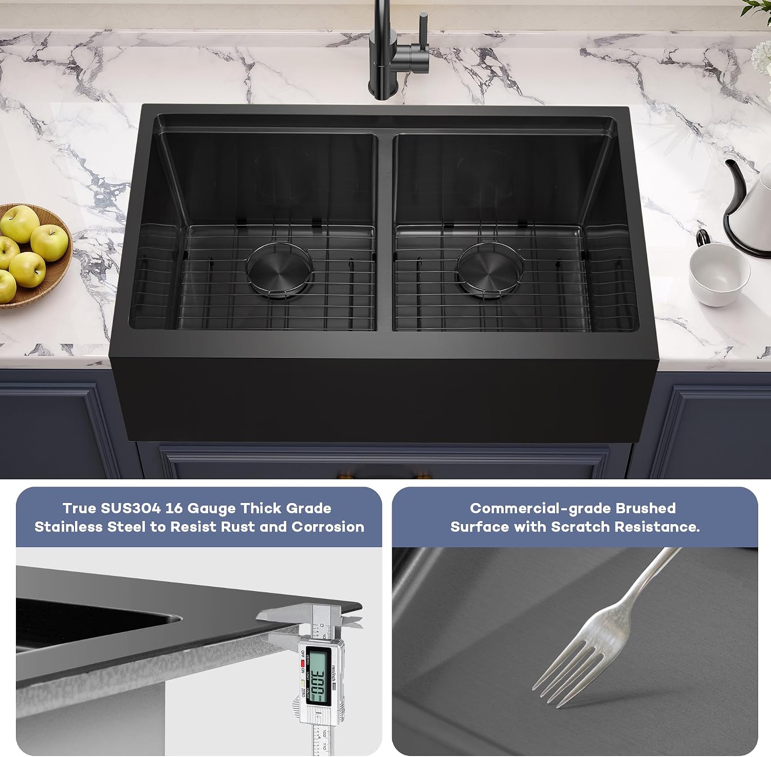 MILOSEN 30 Inch Black Farmhouse Kitchen Sink, 30''x22'' Drop in Black Stainless Steel Workstation Apron Front Sink with Ledge & Accessories, Double Bowl Farm Sinks, 10'' Large and Deep Handmade Sinks