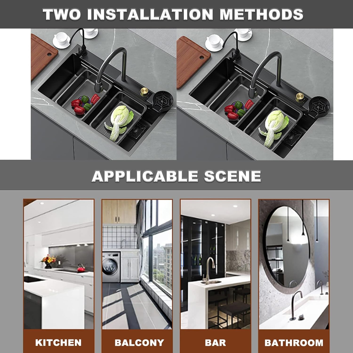 304 Stainless Steel Kitchen Sink Multi-Purpose Single Bowl Bar Prep Sink Home RV Sink with Faucet Drain Assembly Cup Washer Drop in Or Under Mount (Color : Black, Size : 78x46x22cm) (Black 75x46x