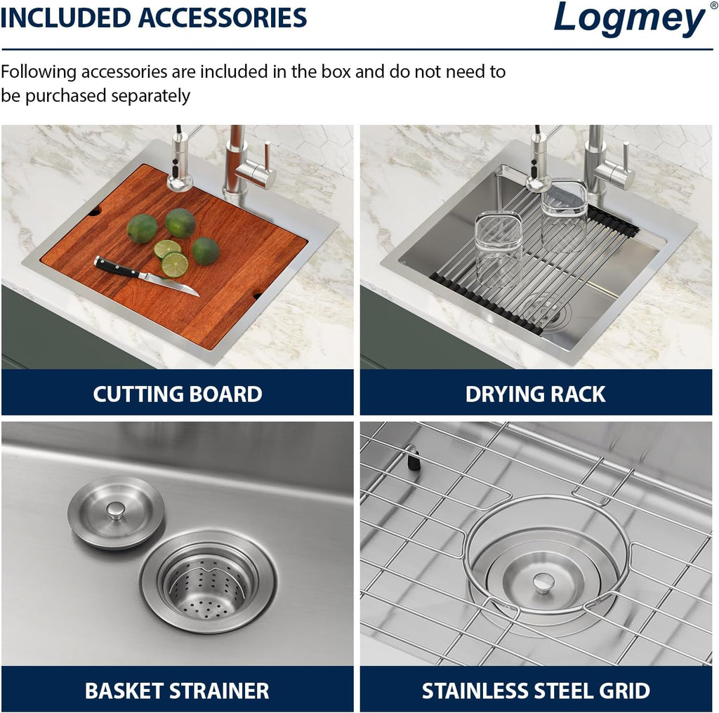 Logmey 18' Square Drop in Bar Sink,16 Gauge Heavy Duty Stainless Steel 18x18x9 Workstation Sink with Anti-Condensation & Noise Reduction for Kitchen Prep,RV,Wet Bar & Outdoor