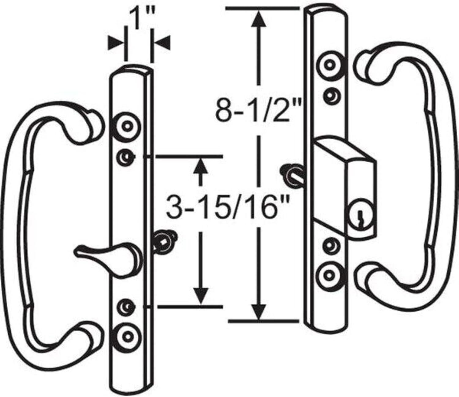8.5 in Sliding Patio Glass Door Handle Set with Keyed Offset Latch, Antique Brass Diecast Pull, Fits 3-15/16 in Screw Holes and 1-1/4 to 2-1/4 in Door Thickness