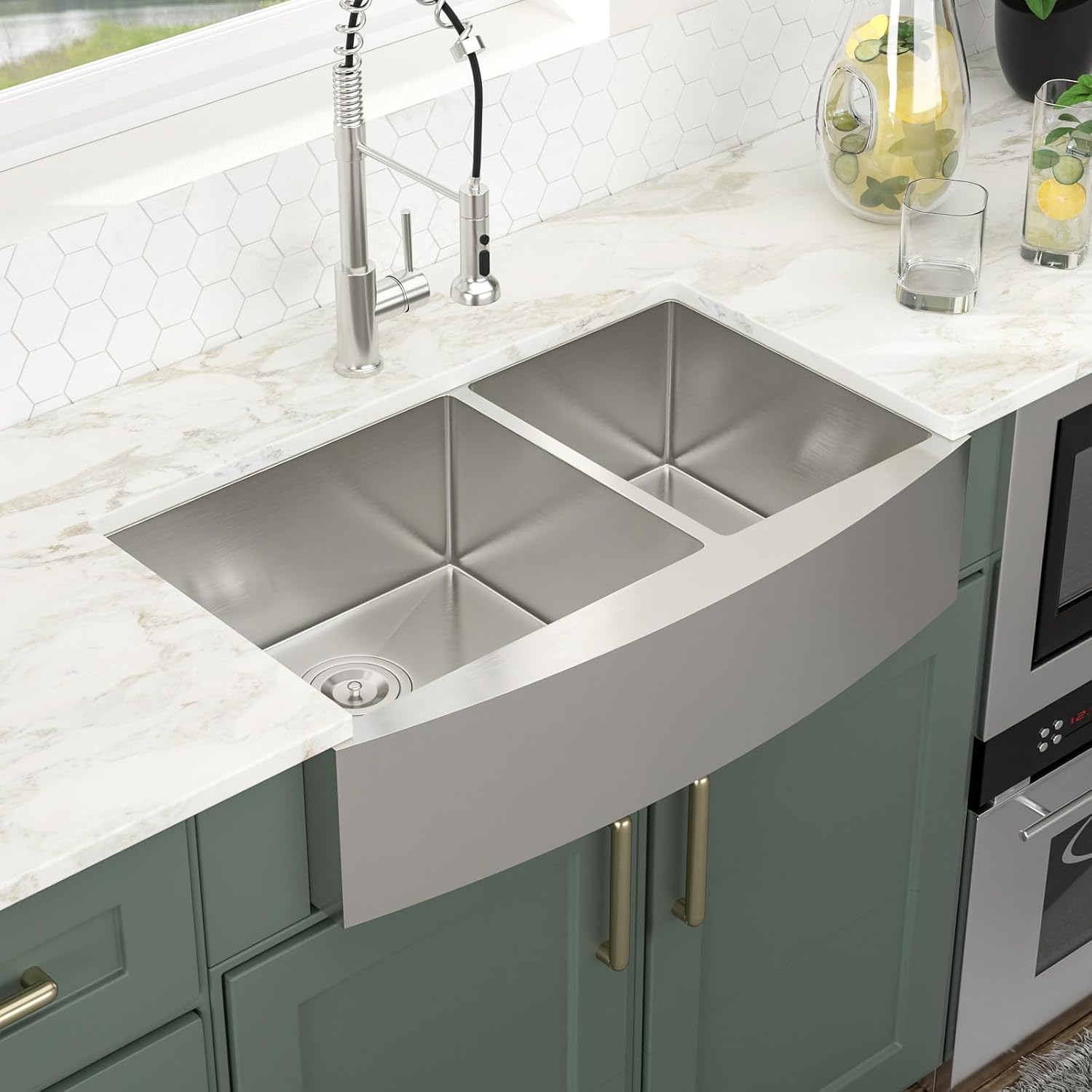 Logmey 33 Inch Farmhouse Sink 60/40 Double Bowl Kitchen Sink Apon Front Sink 16 Gauge 304 Stainless Steel Farm Sinks 33x20x9