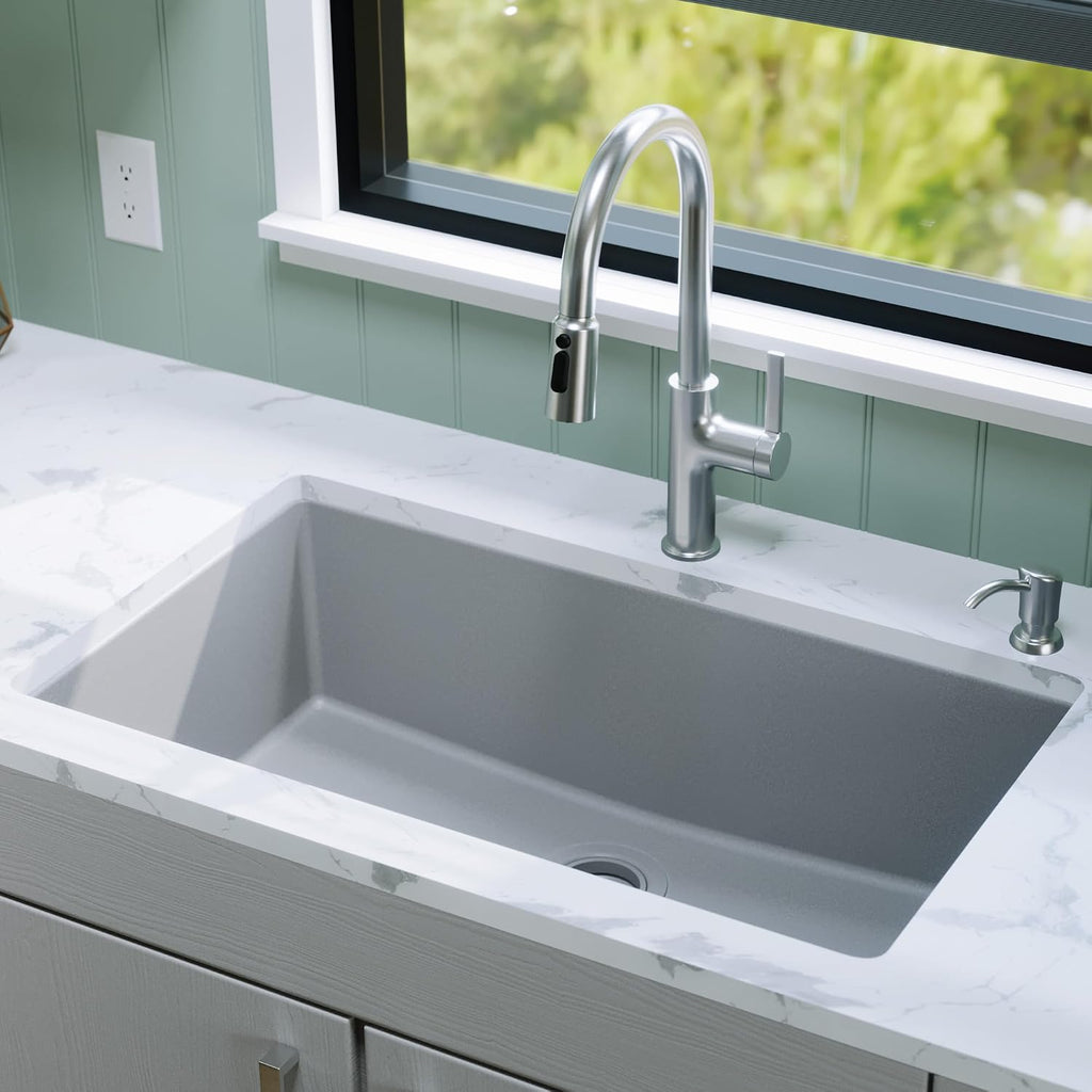 Karran Undermount 33' Large Single Bowl Granite Quartz Composite Kitchen Sink in Grey – Extra Deep 9' Basin, Heat & Scratch Resistant, Sound Dampening, Rear Drain – QU-812