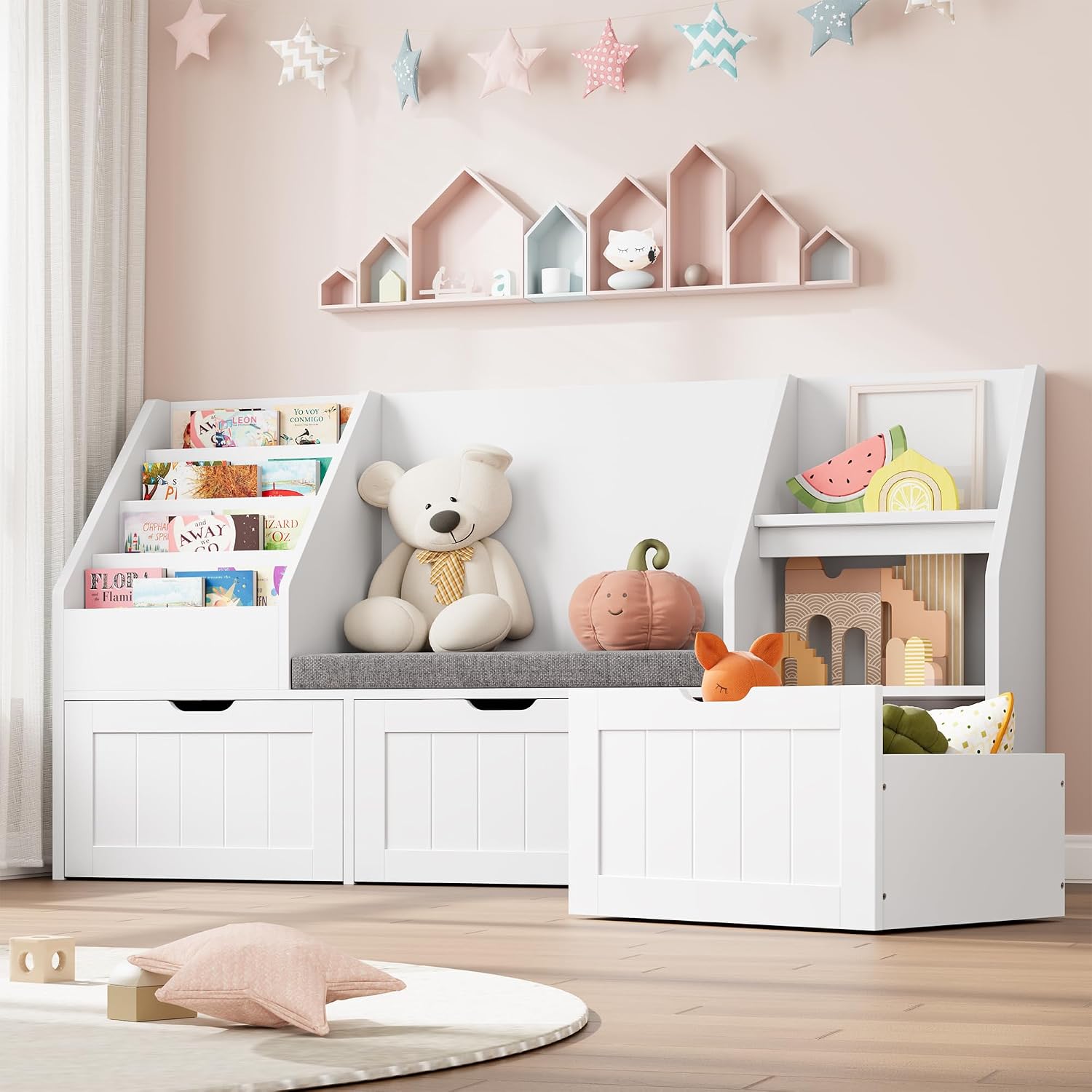 FOTOSOK 55.1'' Kids Bookshelf with Reading Nook, Toy Storage Organizer with Seat Cushion and 3 Movable Drawers, Kids Reading Nook Toy Organizers and Storage with Bench for Playroom, Bedroom, White