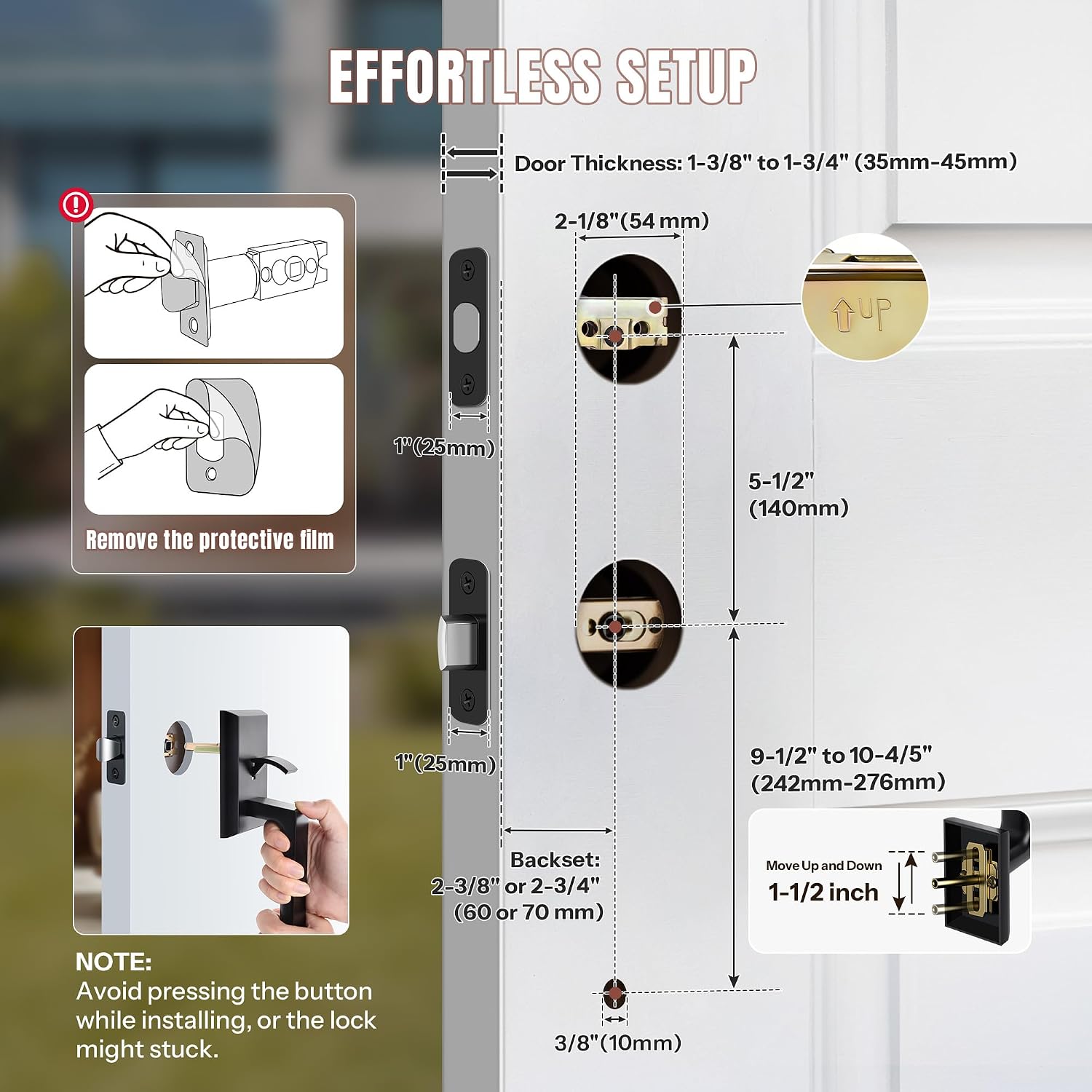Double Front Door Lock Set, Keyed Entry Front Door Handleset with Dummy, Square Heavy Duty Door Lever and Single Cylinder Deadbolt Combo, Matte Black