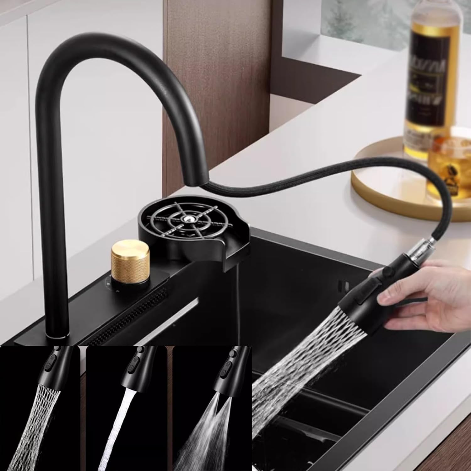 Waterfall Kitchen Sink Stainless Steel with Knife Rack, Black Faucet with Sprayer of 3 Modes, Single Bowl Kitchen Sink with Cup Washer Pull Down Sprayhead Faucet(Black,75 * 45cm)