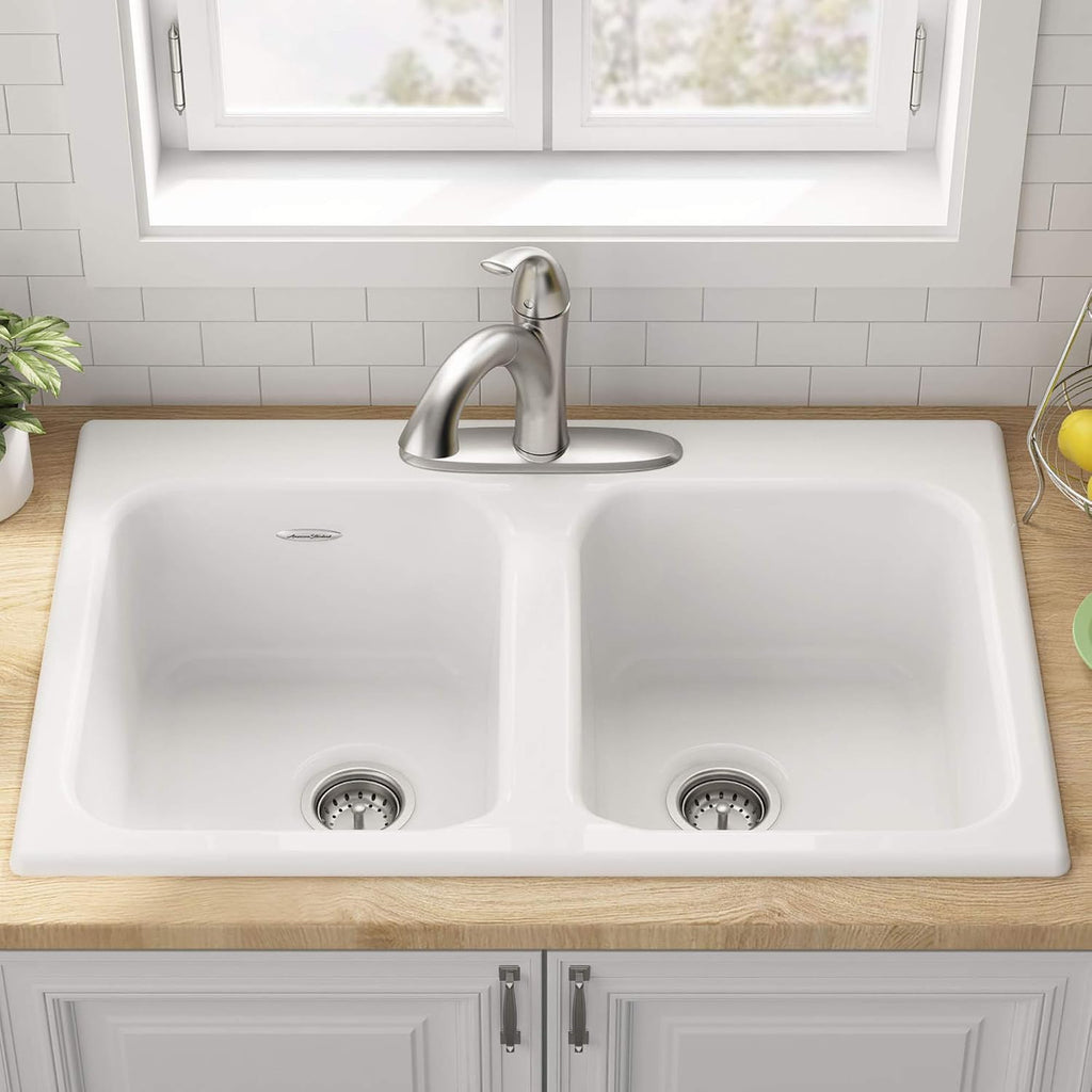 American Standard 77DB33223.308 Quince 33x22 Top Mount Double Bowl Cast Iron Kitchen Sink - 3 Holes Brilliant White