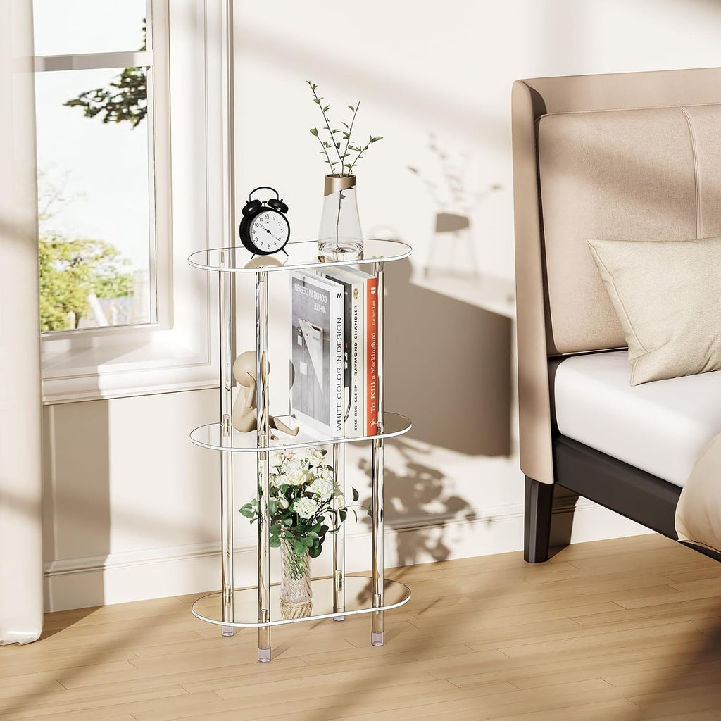 Clear Acrylic Narrow Side Table Set of 2 for Small Spaces, 15.75' L x 7.87' W x 26.7' H, 3 Tier Oval Slim End Table Nightstand, Small Minimalist Skinny Bedside Table for Bedroom, Living Room