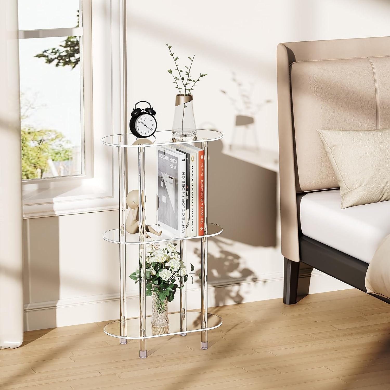 Clear Acrylic Narrow Side Table Set of 2 for Small Spaces, 15.75' L x 7.87' W x 26.7' H, 3 Tier Oval Slim End Table Nightstand, Small Minimalist Skinny Bedside Table for Bedroom, Living Room