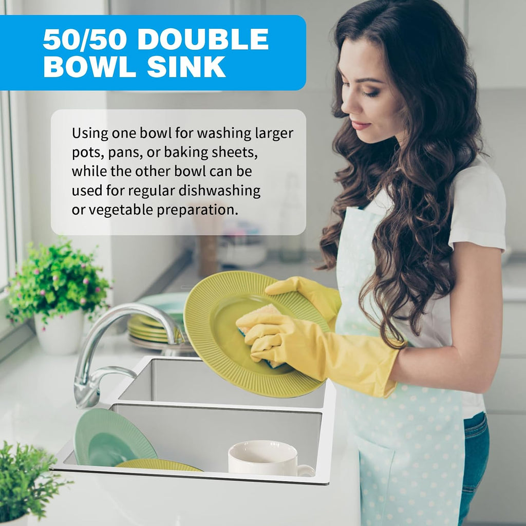 Kitchen Sink, 50/50 Double Bowl 33x19x8 Inch Undermount Stainless Steel Drop In Large Kitchen Sink Combo-Stainless Grid, Silicon Mat, Installation Clips For Modern SS Stylish Kitchen&Bar