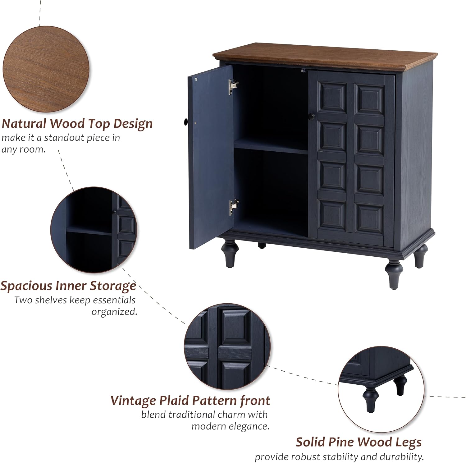 Aoikax Retro 2 Door Storage Cabinet with Plaid Pattern Front, Vintage Side Table for Bedroom, Living Room, Handles, Two-Shelves, Pine Wood, Dark Blue, Natural Wood