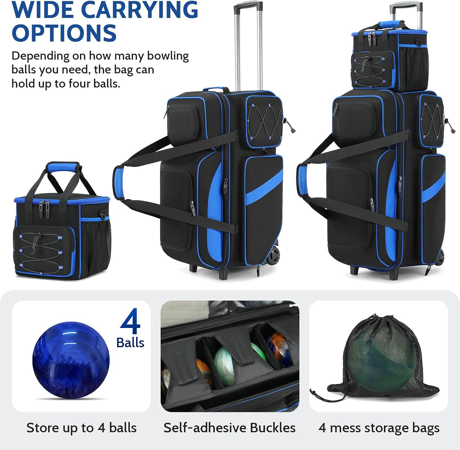 4 Ball Bowling Bag with Wheels, 3 Ball Bowling Bags Roller with 1 Ball Add On Bag, Multi-Pockets & Shoe Compartment (Fits Up to Size 16)