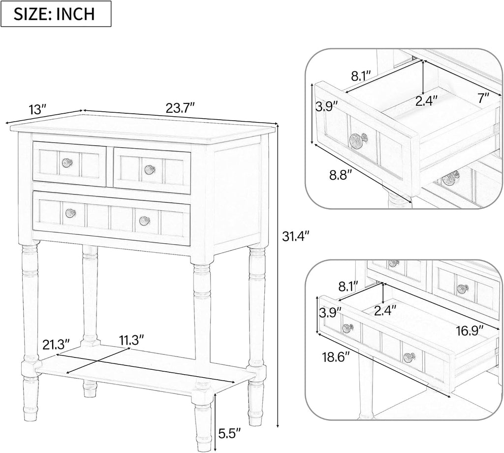 Knocbel Slim Antique Entry Console Table with 3 Drawers & Bottom Open Shelf, Solid Wood Narrow Sofa Couch Table for Entryway Hallway Living Room 23.7' W x 13' D x 31.4' H Navy Blue