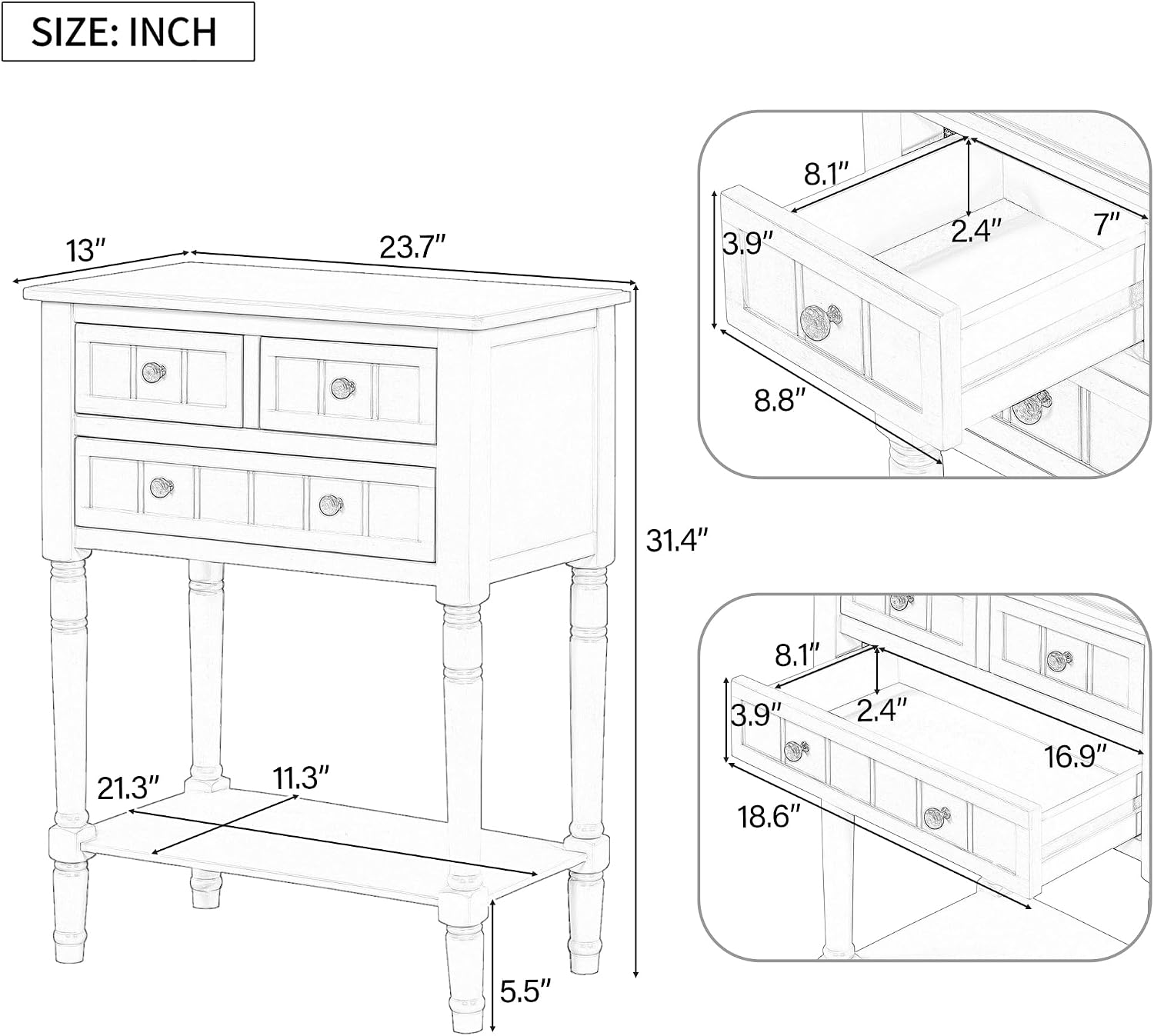 P PURLOVE Antique Narrow Console Table,Slim Sofa Entry Table with 3 Storage Drawer for Living Room,Entryway