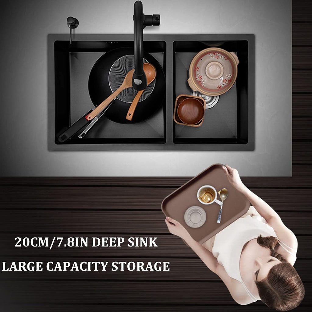 304 Stainless Steel Kitchen Sink Black Nano Double Bowl Bar & Prep Sink Square RV Sink with Downpipe and Drain Top Mount Or Undermount (Color : Black, Size : 75x43x22cm) (Black 75x43x22cm)