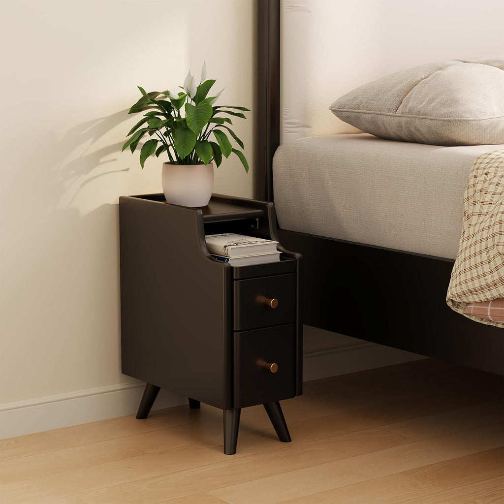 AQIMUELE Small Nightstand with Drawers, Solid Wood Narrow Bedside Table, Narrow Nightstand for Bedroom