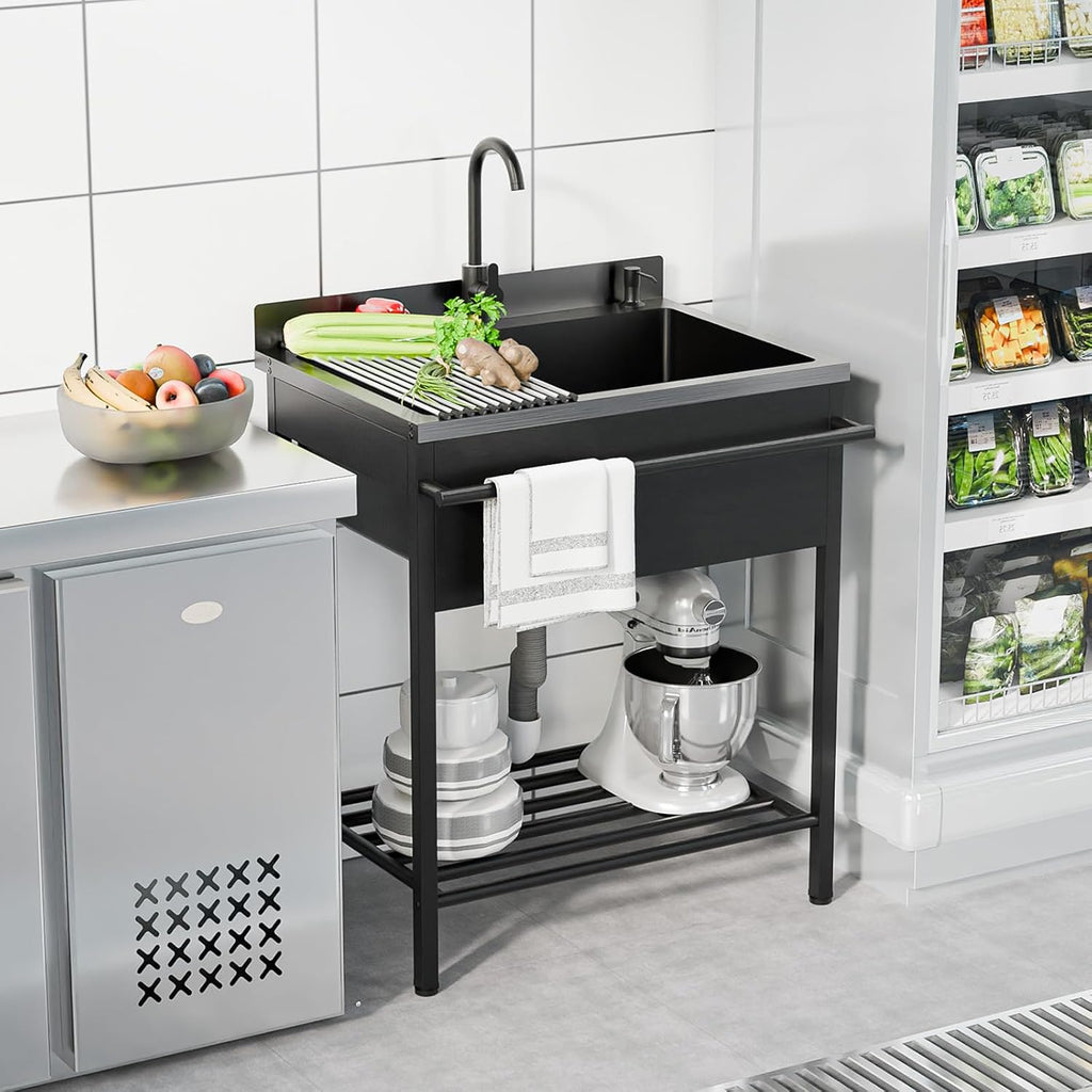 ROVSUN Stainless Steel Utility Sink, Free Standing with Faucet & Draining Rack for Laundry Room, Kitchen, Restaurant, Garage, Outdoor Garden, Backyard, Industrial 22'D x 30.71'W x 40.35'H Black