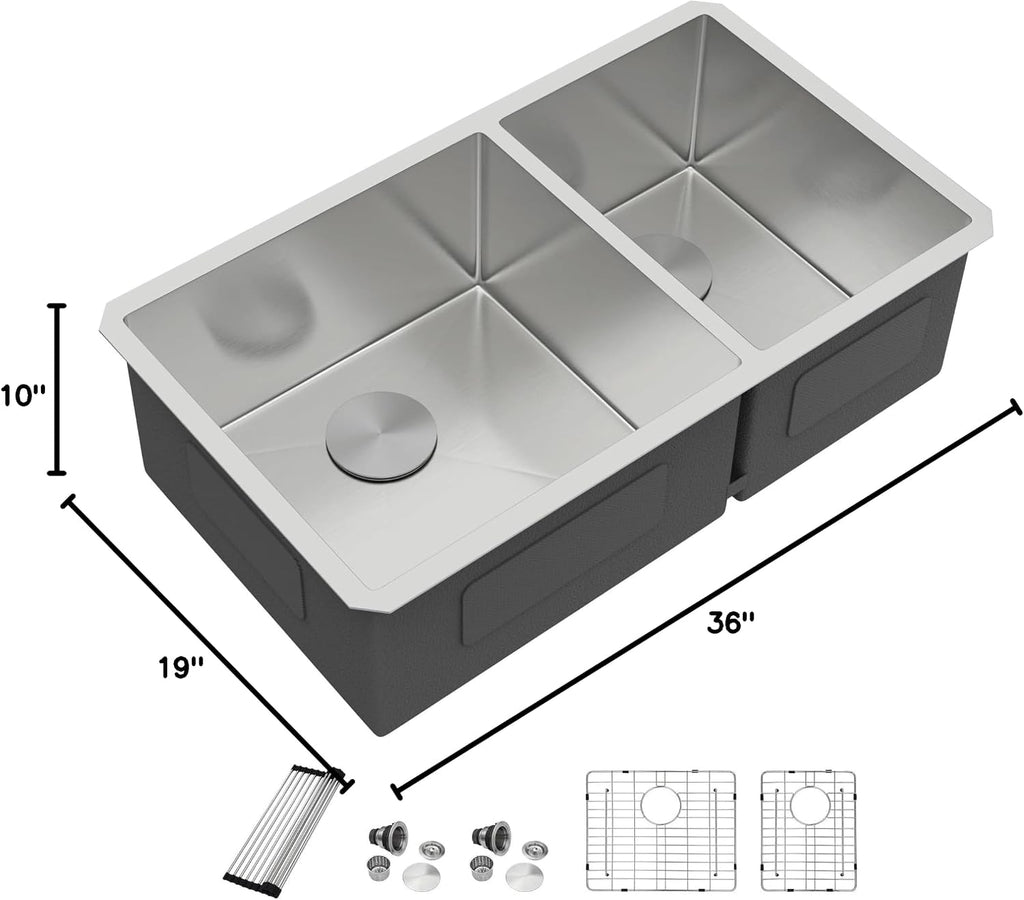 Dcolora 36' Extra Large Double Bowl Kitchen Sink Undermount 60/40 Split 16 Gauge 304 Stainless Steel Double Sinks, Round Corner 36'x19'x10' DC-U7741