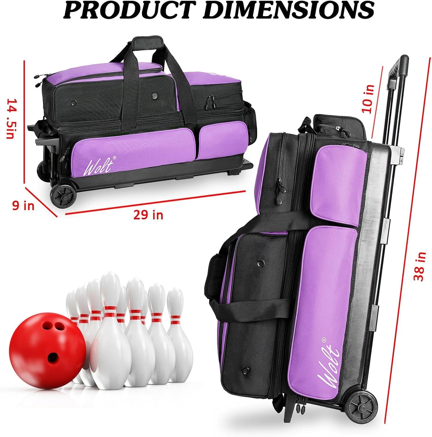 WOLT 3 Ball Bowling Bags with Wheels,Bowling Ball Bag 3 Ball Roller with Separate Shoe Compartment and Accessory Pocket, Retractable Handle Extends to 38''