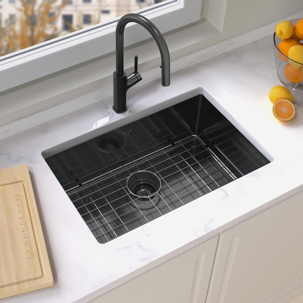 Kitchen Sink 27x18 Inch Undermount Kitchen Sink Gunmetal Black 16 Gauge Stainless Steel Single Bowl with Accessories Round Corners Handmade