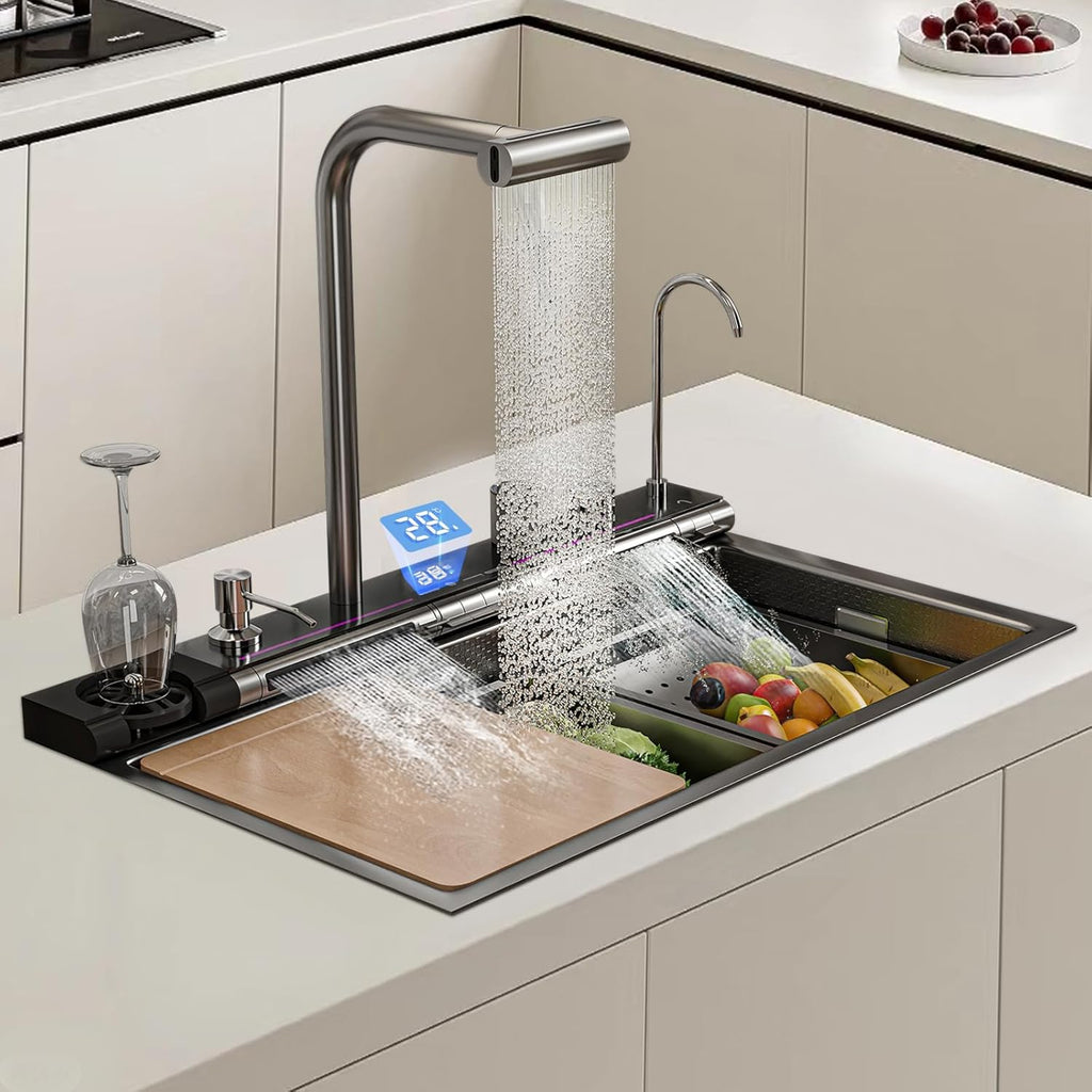 Dual Waterfall Kitchen Sink Modern Kitchen Sink Single Bowl Digital Smart Sink with Soap Dispenser Stainless Steel Sink with Pull-Out Faucet Workstation Sink with Honeycomb(29.5x18.1in)