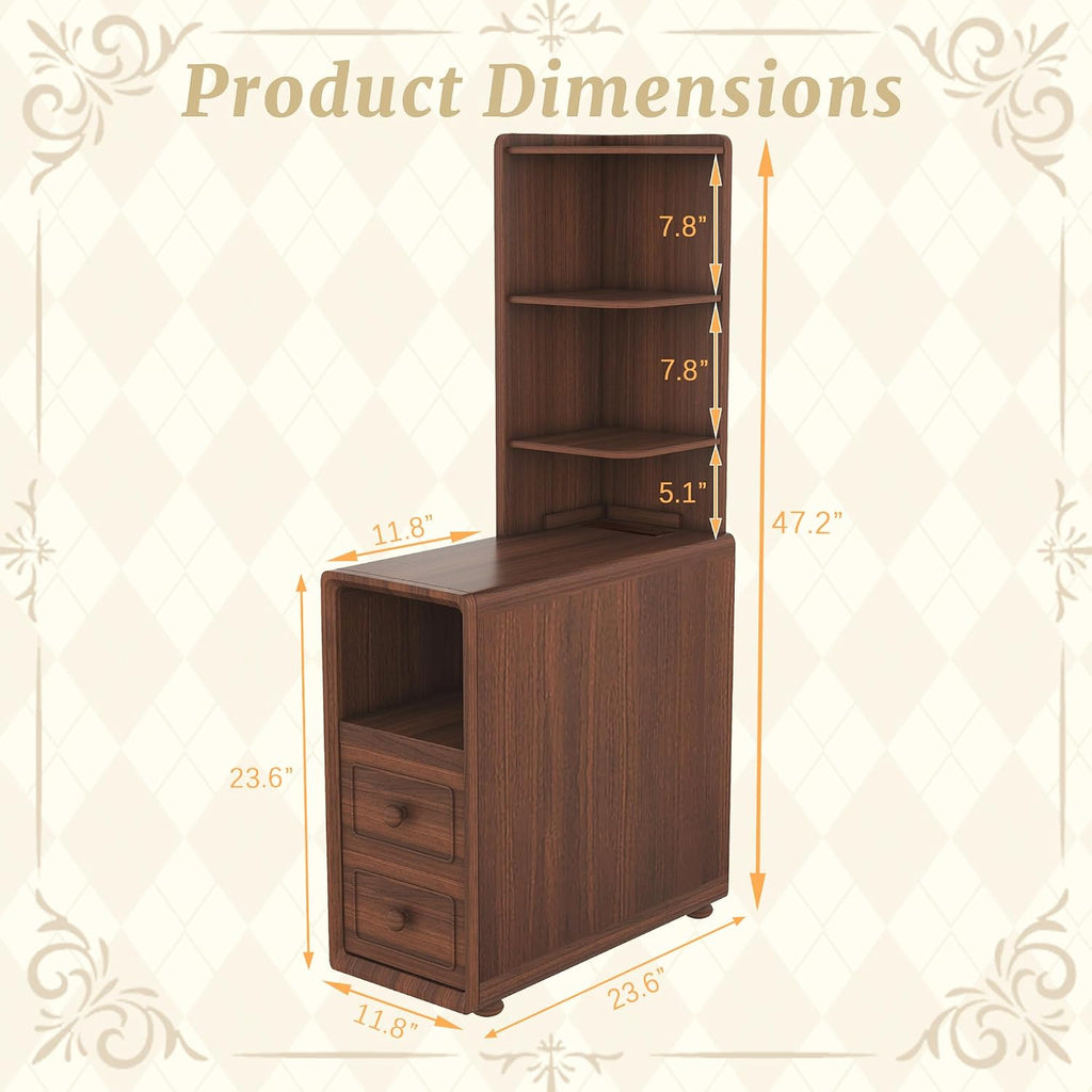 Mirightone Tall End Table with Drawers and Shelves, Narrow Side Table with Charging Station, High Slim Corner Cabinet Bedside Table with Storage Bookcase for Living Room Bedroom, Walnut
