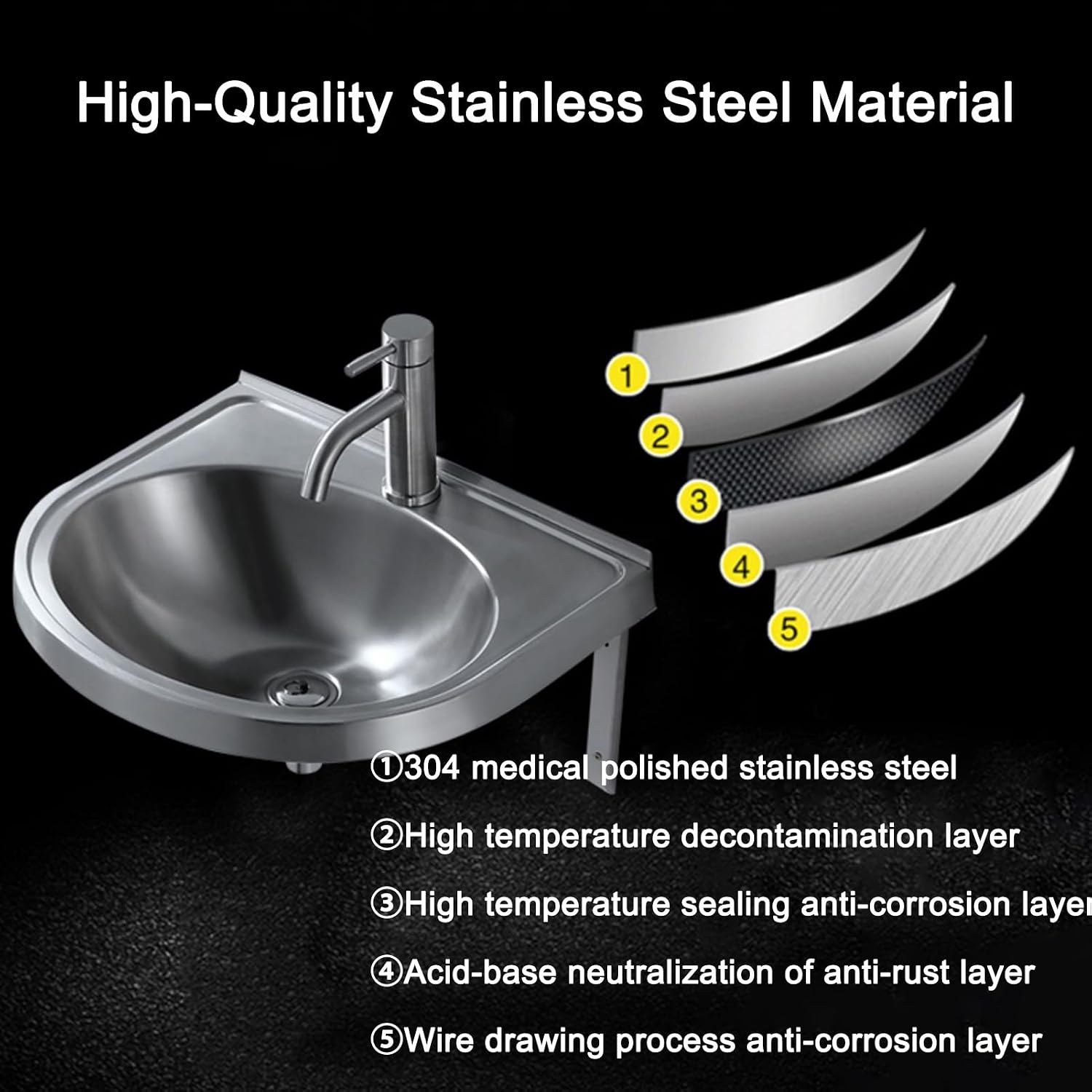 Wall Mounted Commercial Restaurant Sink, Stainless Steel Hand Basin with Faucet and Drain, Single Bowl Kitchen Sinks, for Commercial Restaurant Home Kitchen Workshop,Hot and cold water faucet-1