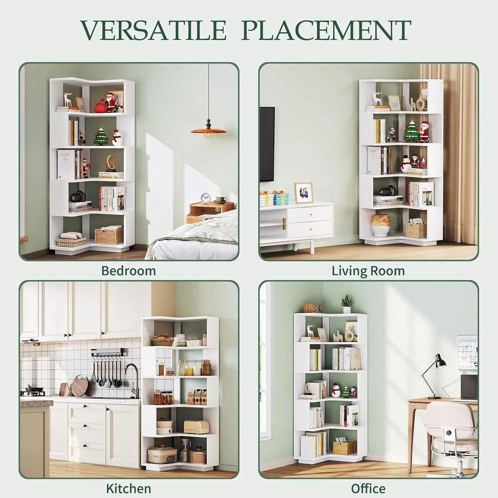 Wooden 5 Tier L-Shaped Corner Bookshelf - 65' Tall Solid Wood Corner Book Shelves for Space Saving, Bookcase Open Display Shelf with Baffle for Home Office, Living Room, Bedroom, Kitchen, White