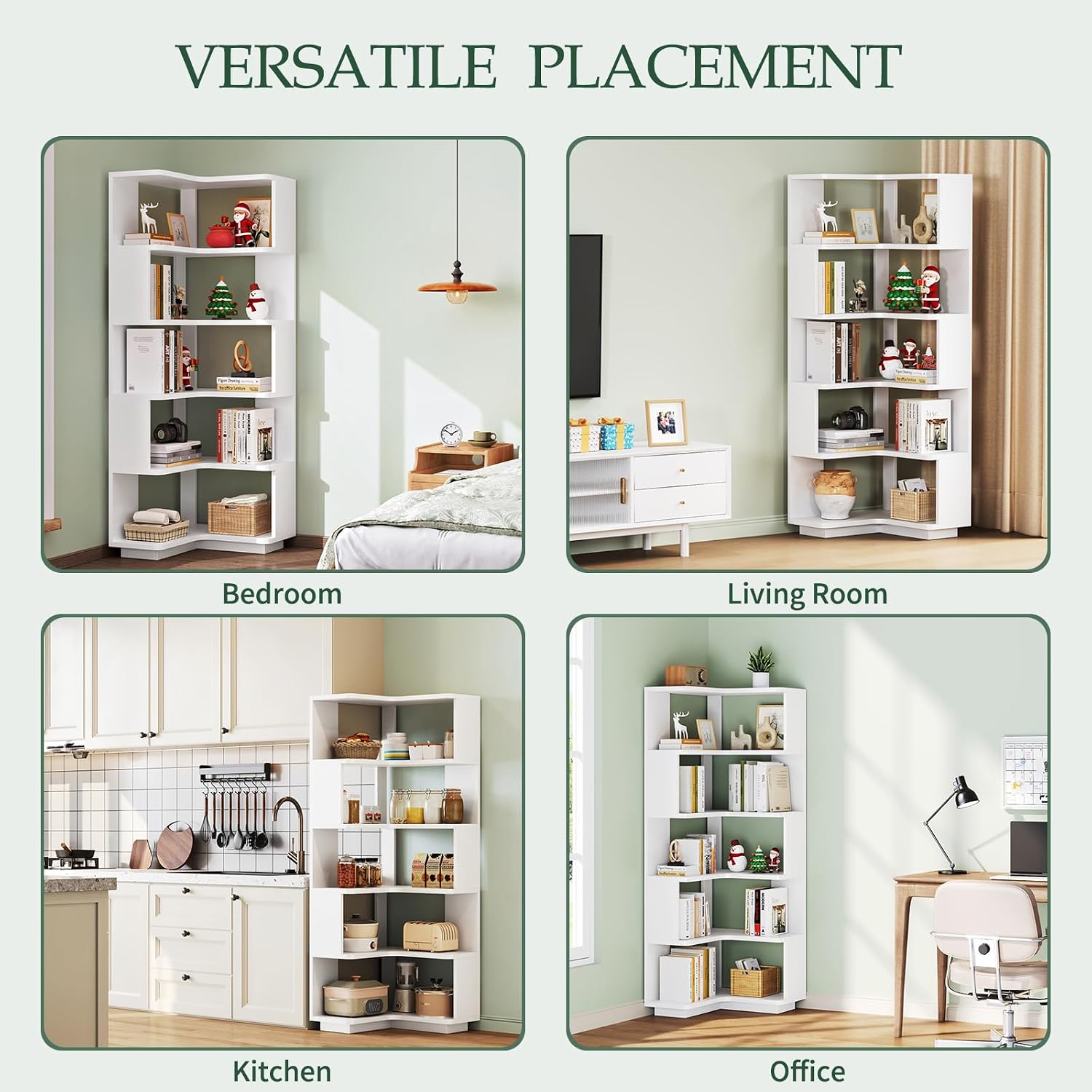 Wooden 5 Tier L-Shaped Corner Bookshelf - 65' Tall Solid Wood Corner Book Shelves for Space Saving, Bookcase Open Display Shelf with Baffle for Home Office, Living Room, Bedroom, Kitchen, White