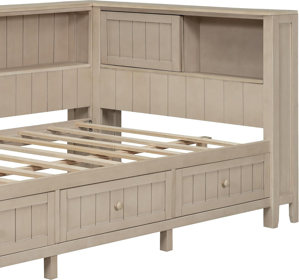 Merax Twin Size Daybed Frame with Storage Drawers and Shelves, Wood Twin Daybed with Headboard for Kids Teens, L-Shaped Corner Bed Twin Size for Guestroom Living Room, Apricot White