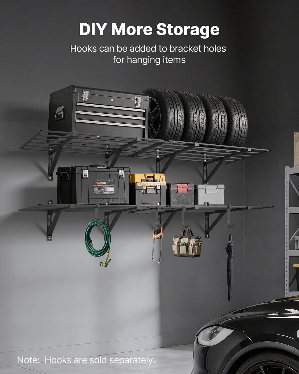 VEVOR 2-Pack Heavy Duty Garage Wall Shelving, 2 x 6 ft Steel Wall Mounted Shelving Unit, 24 x 72 Inch Per Shelf Floating Storage Metal Rack for Garage, 1600 lbs Total Weight Capacity