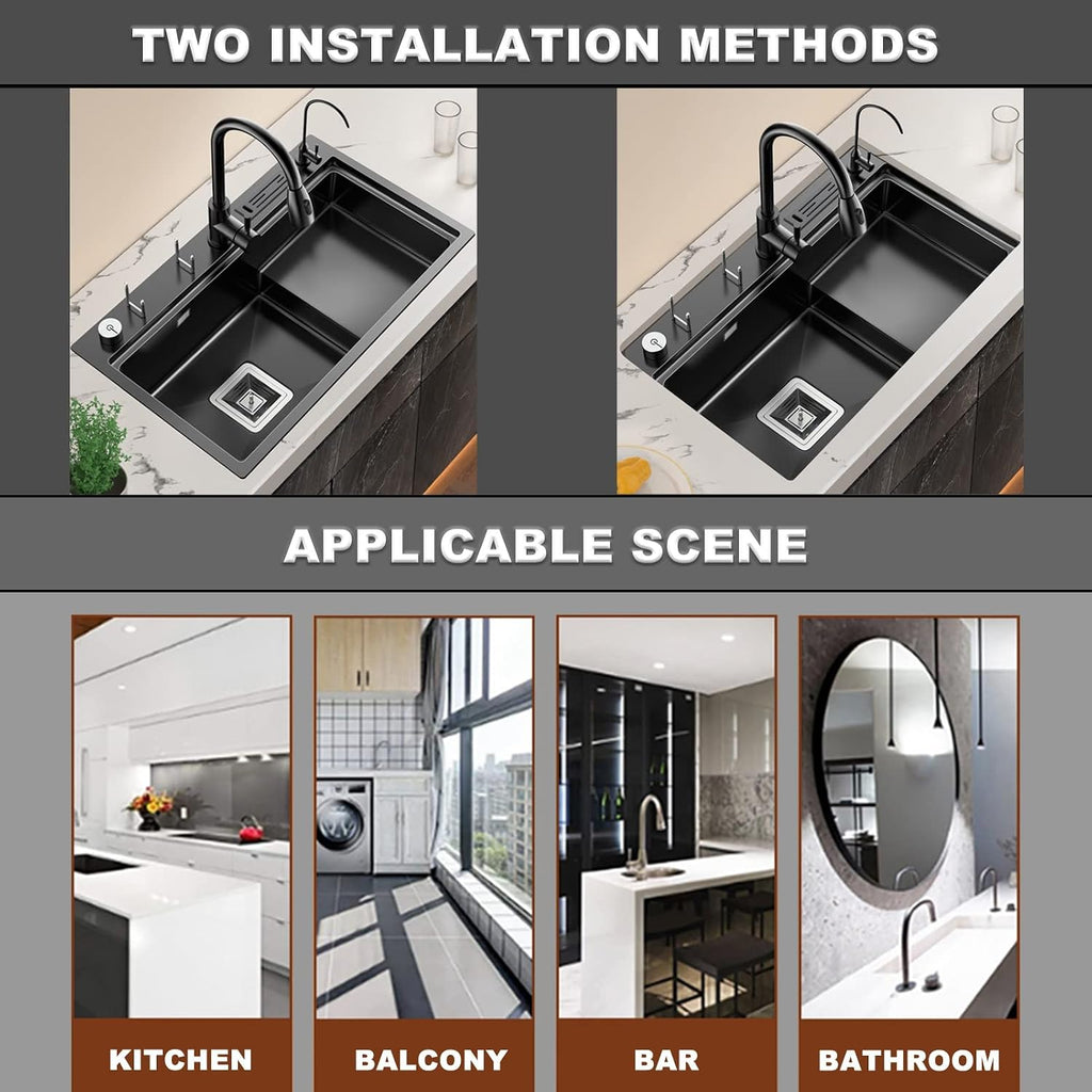 Stepped Kitchen Sink 304 Stainless Steel Single Bowl Bar Prep Sink Multi-functional RV Sink with Faucet and Cup Washer Top Mount Or Undermount (Color : Black, Size : 80x47x20cm) (Black 78x46x20cm)