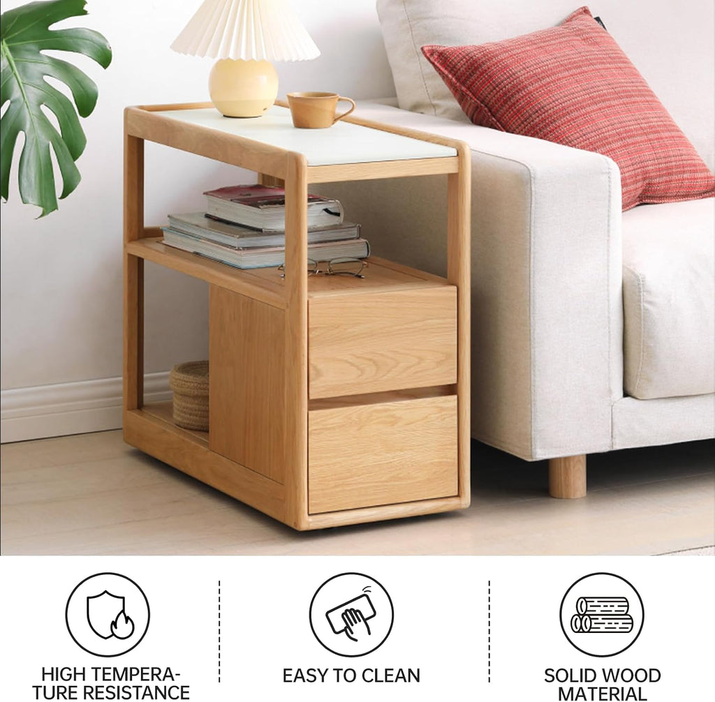 100% Solid Wood Side Table with Storage, Narrow End Table with 2 Drawers, Slim Nightstand and Small Bedside Table with Wheels for Living Room Kitchen Bedroom(Natural, 15.75' D x 26.77' W x 21.65' H)