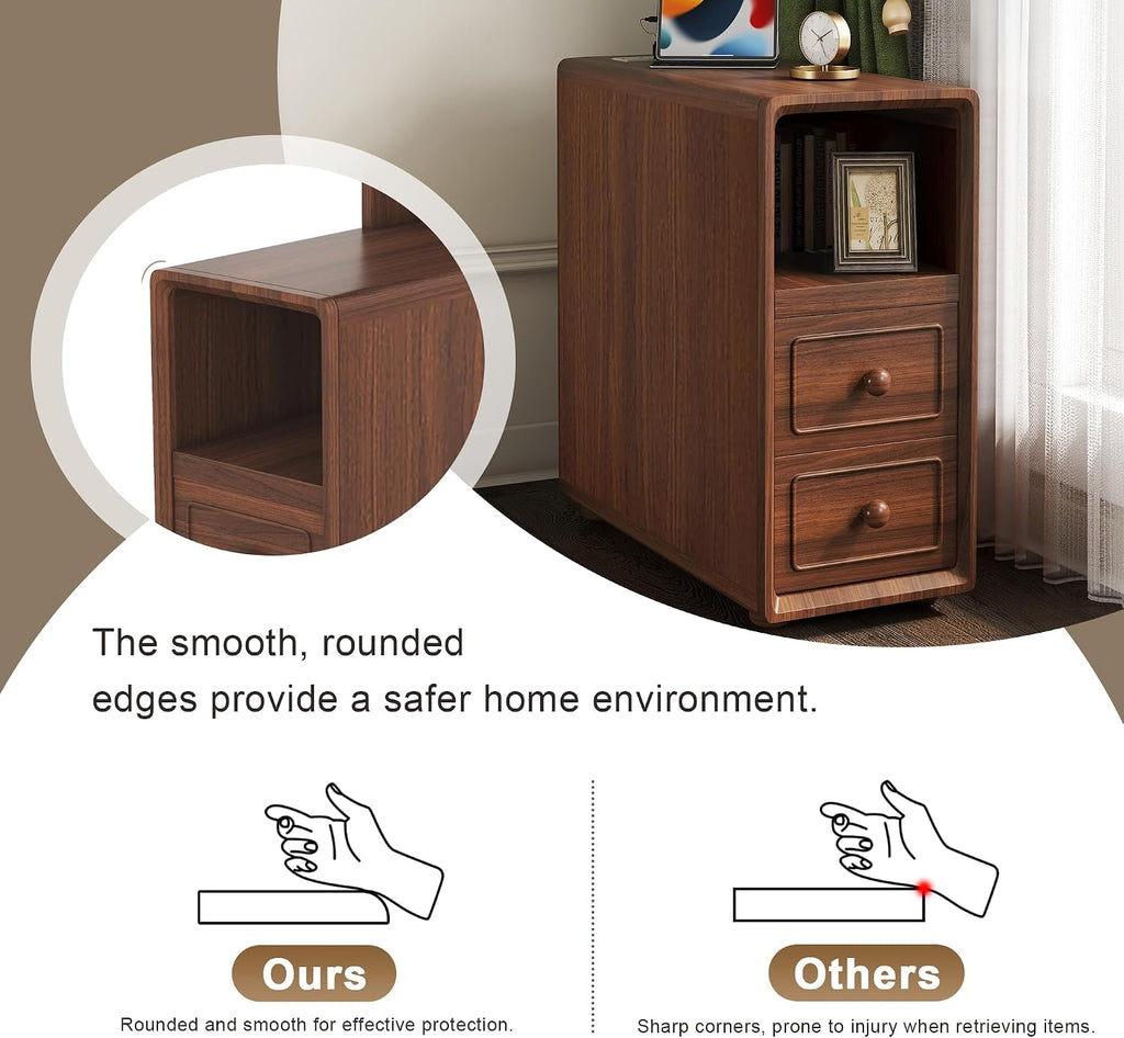 47.2' Tall Nightstand with Charging Station, Wood Tall End Table with Storage Drawers and Open Bookshelves, Narrow Sofa Table Corner Side Table for Small Spaces, Living Room, Bedroom, Walnut