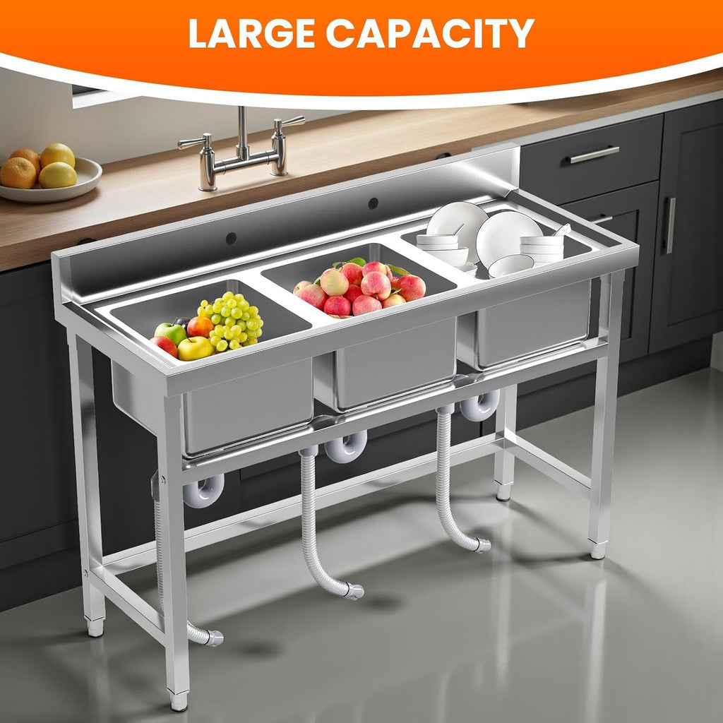 Stainless Steel Sinks, Freestanding Utility Sink with Triple Bowl and Laundry Sink Features for Multi-Purpose Use, 47.3'W x 18.5'D x 33.6'H
