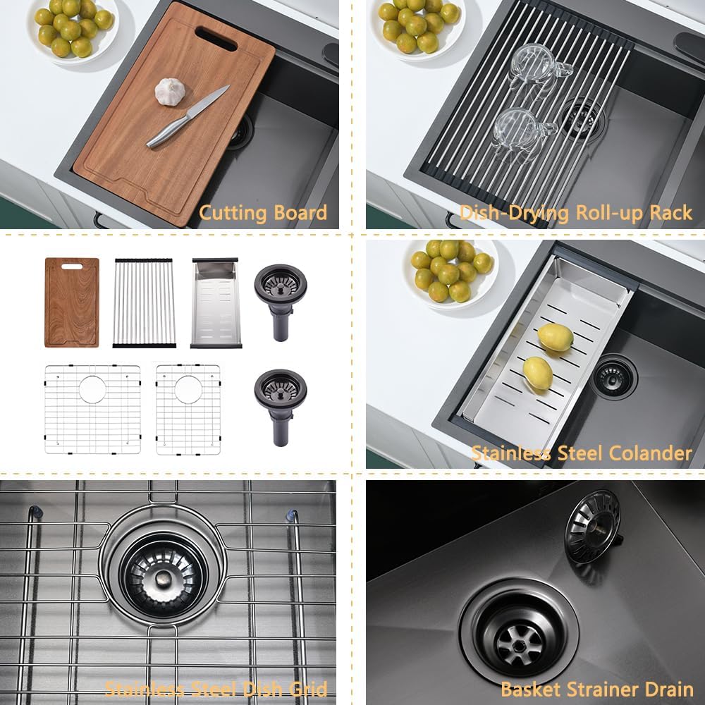 33 Inch Black Drop In Double Bowl Kitchen Sink Workstation-Bokaiya 33x22 Drop In Kitchen Sink Top Mount Workstation Sink 16 Gauge Stainless Steel Low Divide 60/40 Double Sink with Cutting Board