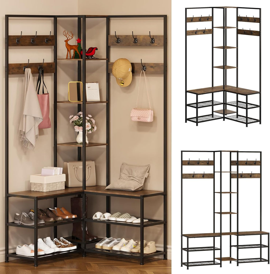 GiftGo Corner Hall Tree with Shoe Rack Storage Bench Display Open Shelves Modern Industrial Entryway Coat Rack Stand for Home Living Room Mudroom Bedroom Multifunctional 5 in 1 (Rustic Brown)