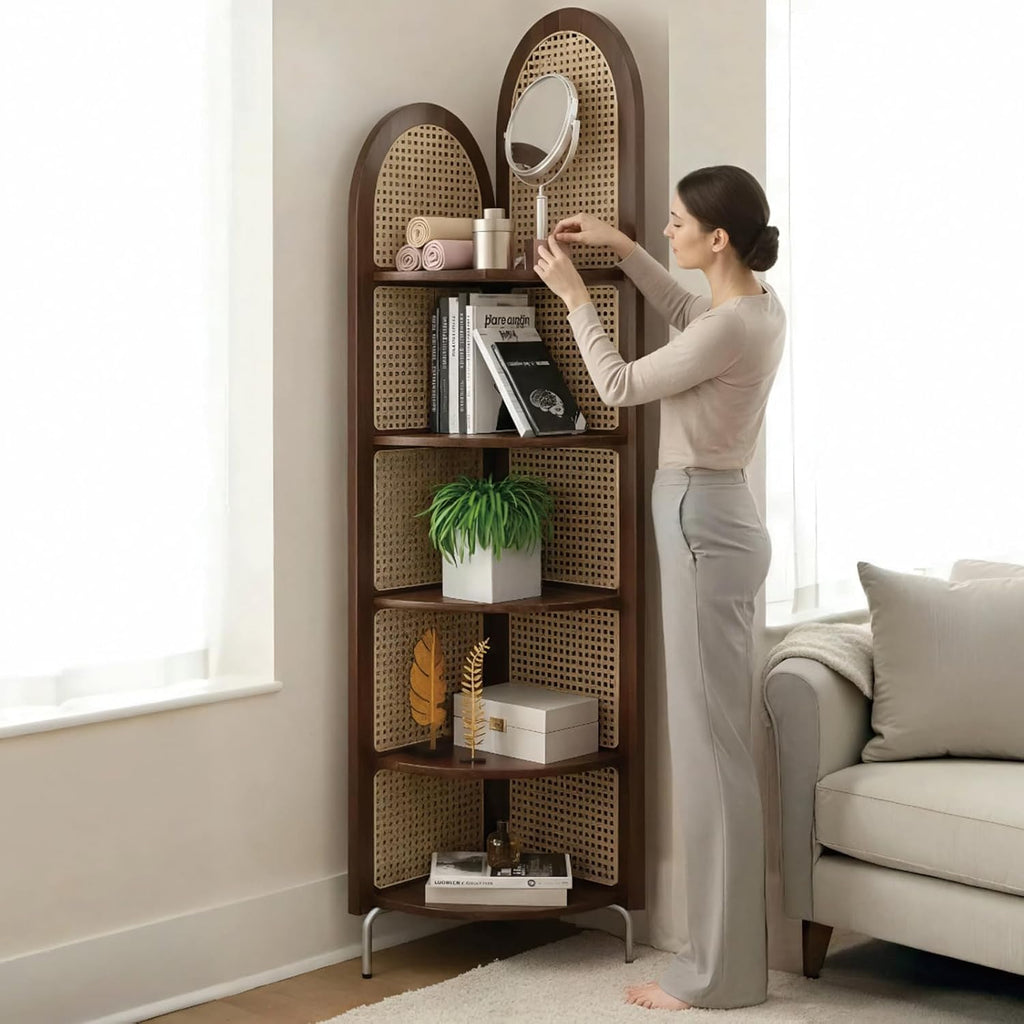 AMSXNOO 5-Tier Rattan Corner Bookshelf, 71-Inch Narrow Corner Bookshelf with Metal Feet, Free-Standing Tall Corner Shelf for Livingroom Bedroom Balcony Office (Walnut Color)