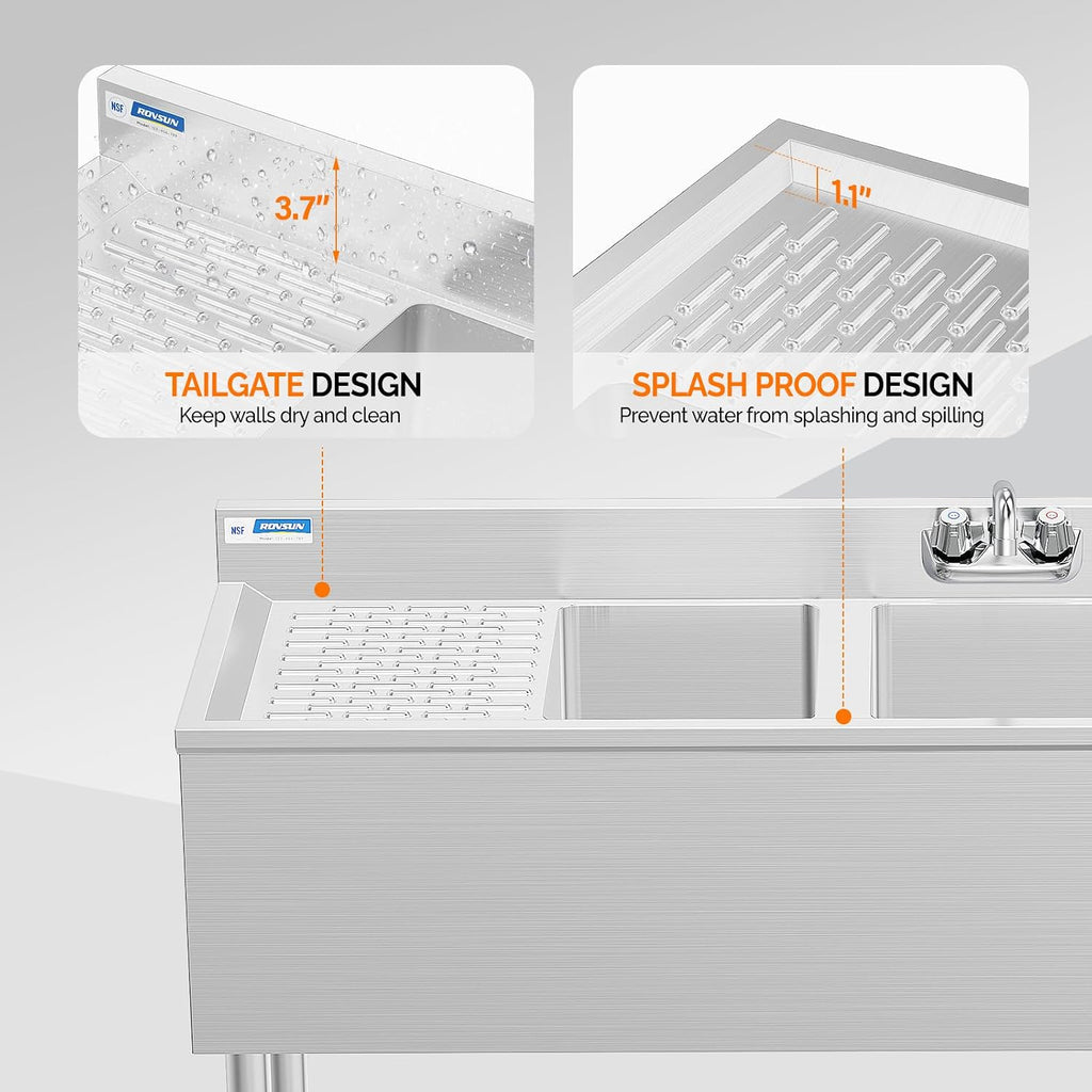 ROVSUN NSF 3 Compartments Bar Sink, Commercial Stainless Steel Underbar Sink with Double Drainboard, Freestaning Large for Kitchen, Bar, Laundry, Garage Use, 60 L x 33 W x 18.4 H