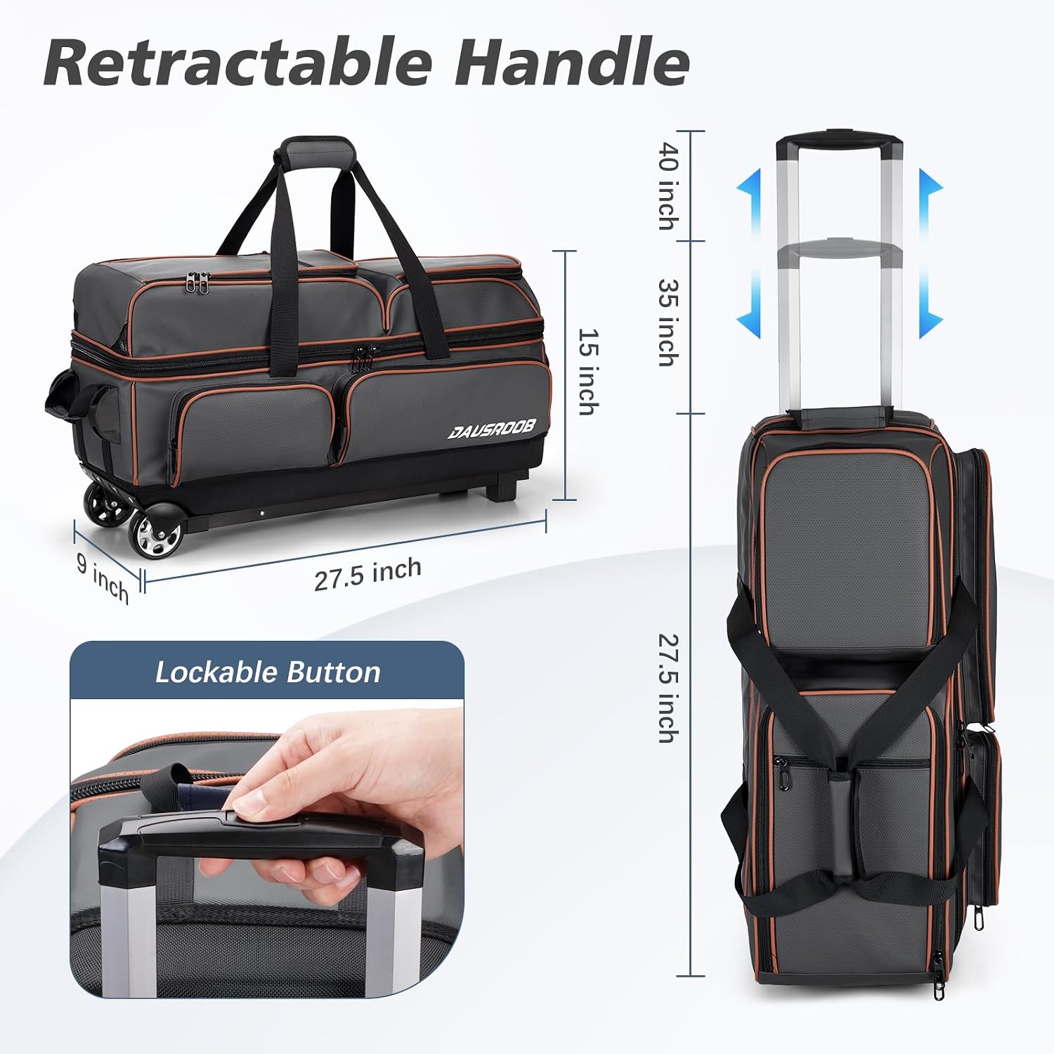 3 Ball Bowling Bags with Wheels, Bowling Bags 3 Ball Roller - 900D Oxford Waterproof PU, Bowling Bag with Multi-Separate Storage Pockets & Retractable Handle Extends to 40''
