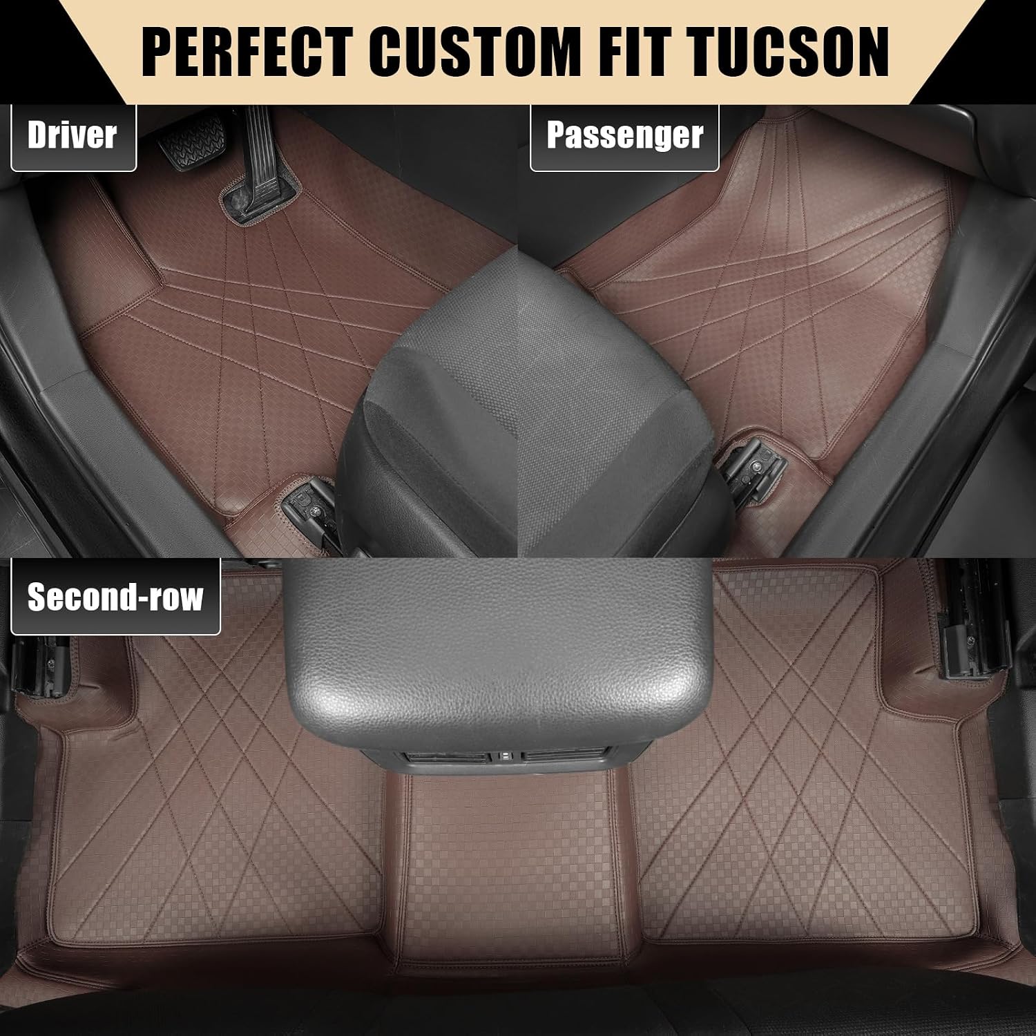 EKR Custom Floor Mats for Hyundai Tucson 2022-2026, Front & 2nd Row Luxury Car Floor Mat Fit Tucson 2022 2023 2024 2025 2026 - Leatherette Floor Liners(Brown)