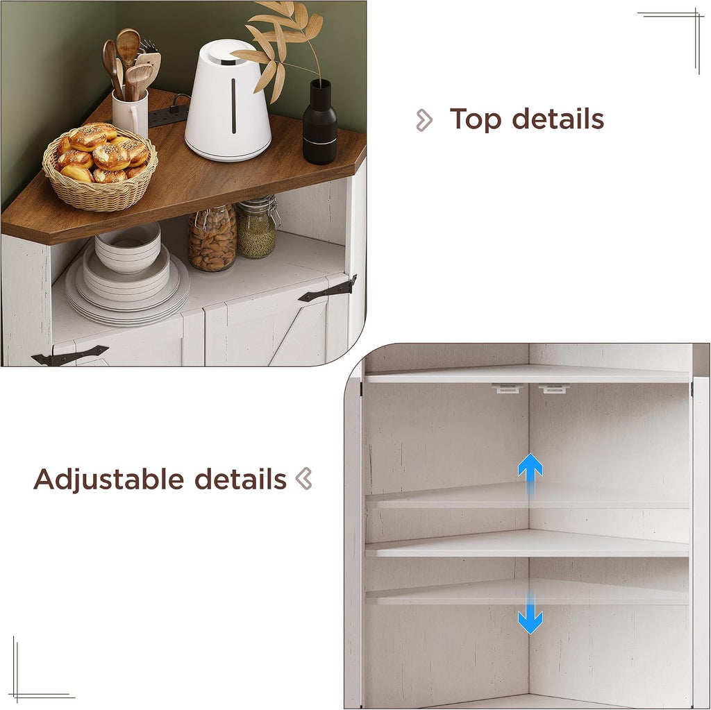 Vabches Farmhouse Corner Cabinet with Charging Station,Small Corner Storage Cabinet with Barn Doors and Adjustable Shelves for Living Room,Bathroom,and Kitchen