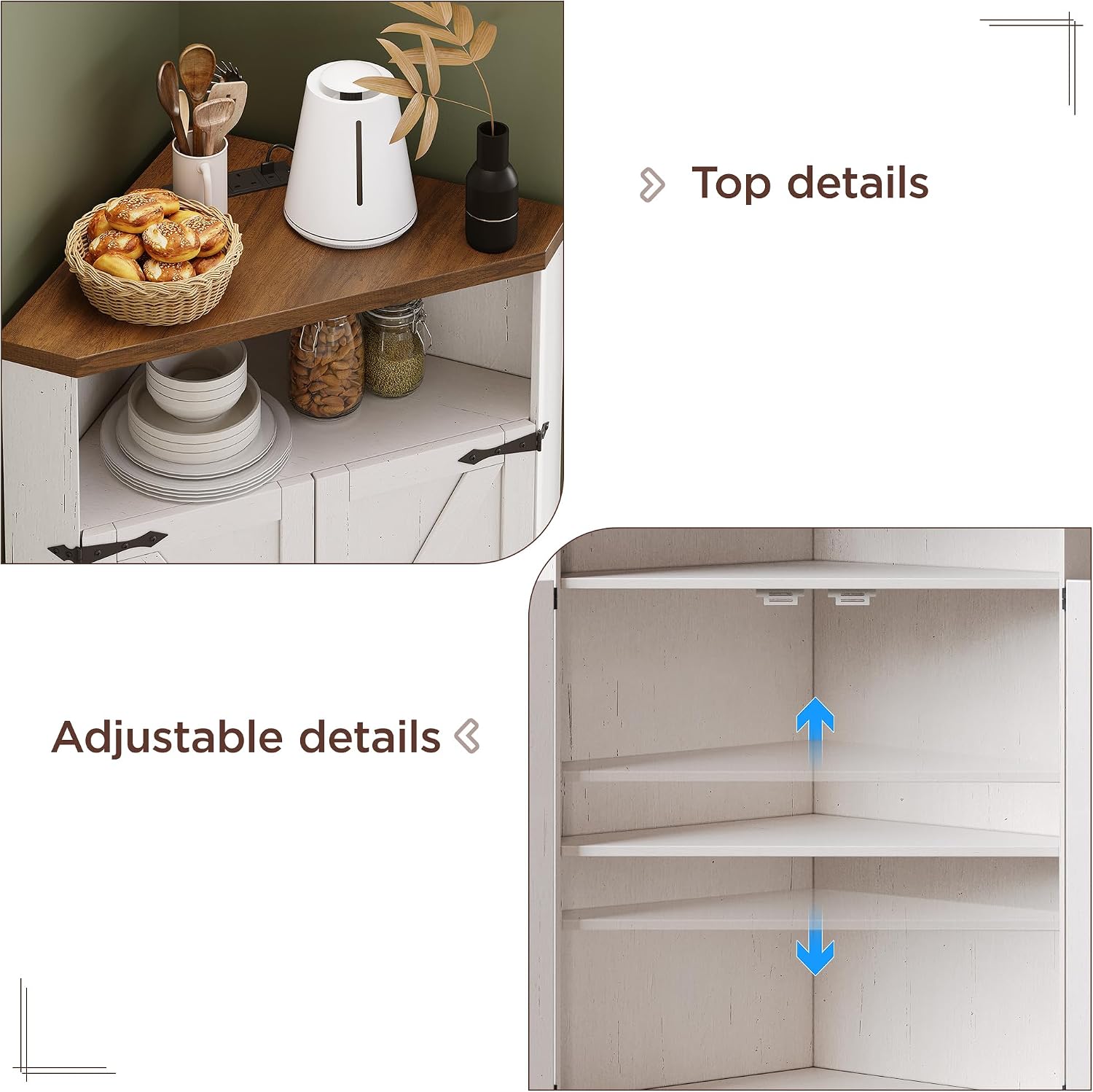 Vabches Small Corner Cabinet with Charging Station,Farmhouse Kitchen Corner Storage Cabinet with Barn Doors and Adjustable Shelves for Many Corner,Like Bathroom,and Kitchen