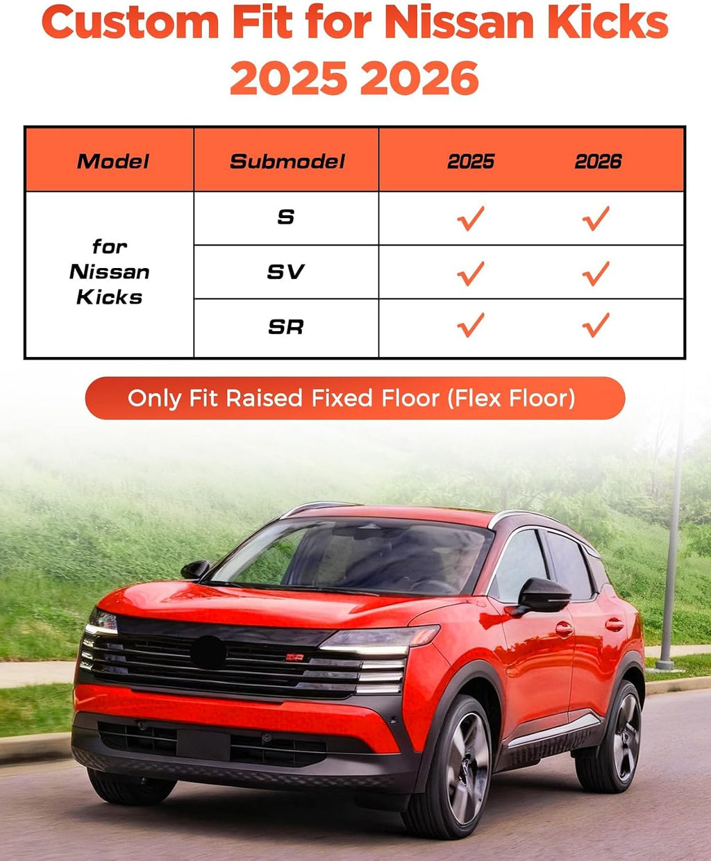 Car Floor Mats for Nissan Kicks 2025 2026 4PCS Set, Only Raised Fixed Floor | All Weather Full Coverage Floor Liners Heavy Duty Waterproof Long-Lasting Kicks Accessories TPE Rubber Automotive Carpet