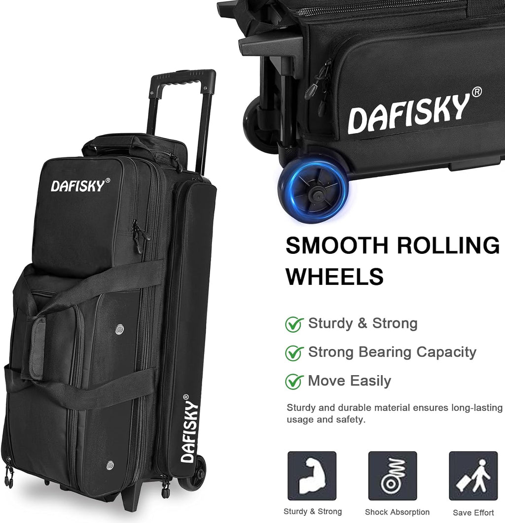 DAFISKY 3 Ball Bowling Bags with Wheels, Roller Bowling Bag with Multiple Pockets Retractable Handle Extends to 38''