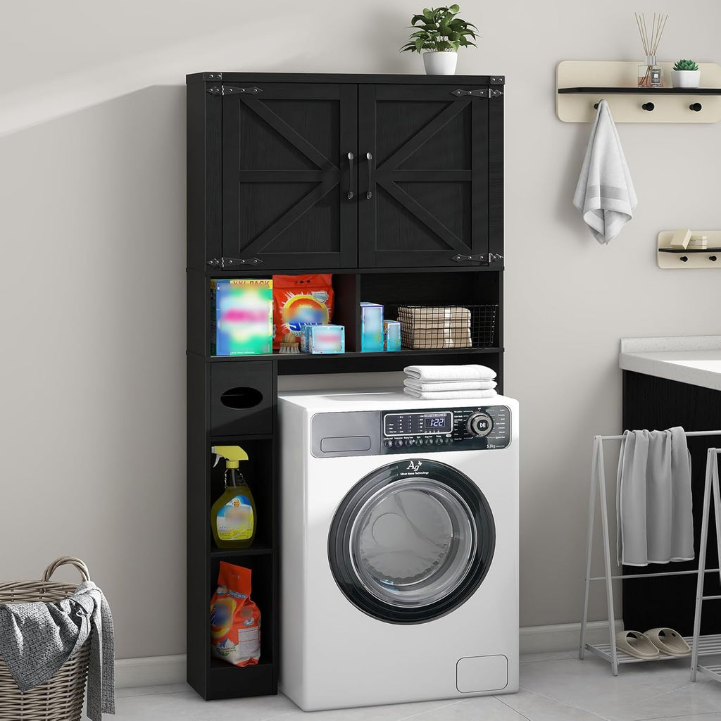 Vabches Over The Toilet Storage Cabinet, Farmhouse Storage Cabinet Over Toilet with 2 Barn Doors && Toilet Paper Holder Stand，Home Space-Saving Toilet Rack, for Laundry, Restroom, Bathroom.Pure Black